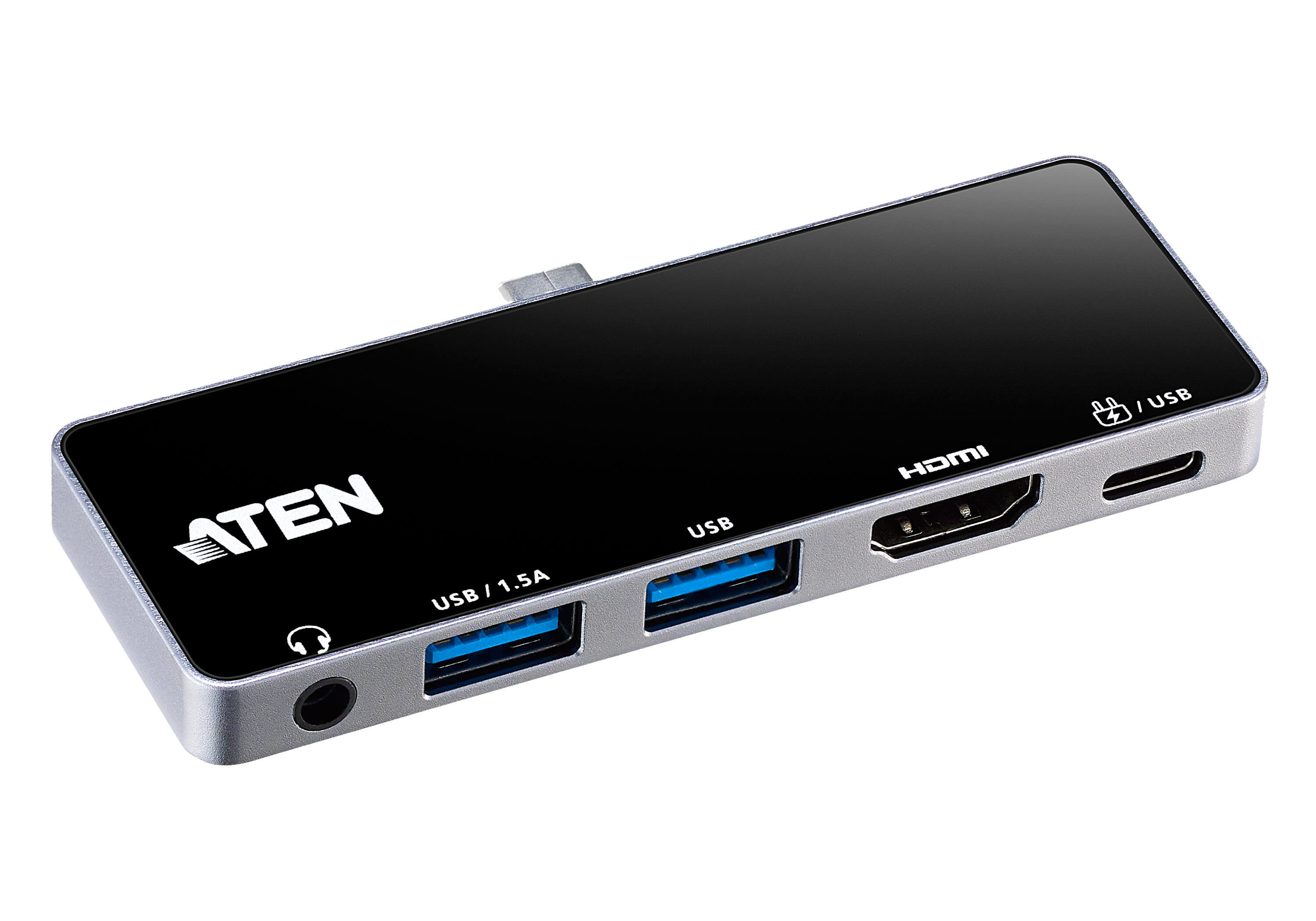 Schwarzer und silberner ATEN USB-Hub mit mehreren Anschlüssen, einschließlich HDMI und USB. Weißer Hintergrund.