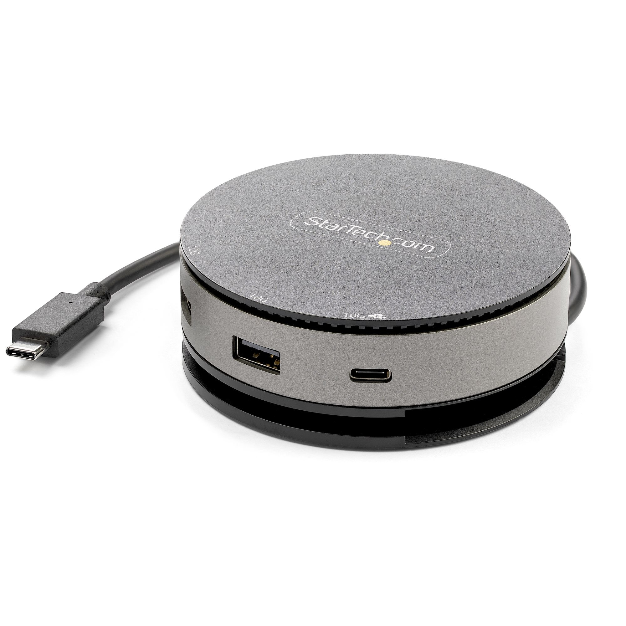 Grauer, kreisförmiger Startech.com-Hub mit Anschlüssen und einem angeschlossenen USB-C-Kabel.