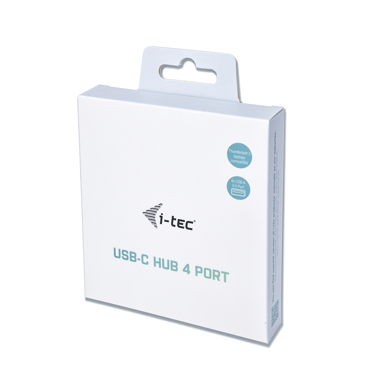Caja blanca. Marca i-tec, USB-C HUB 4 PORT. Texto: Thunderbolt 3, 4x USB 3.0 Port.