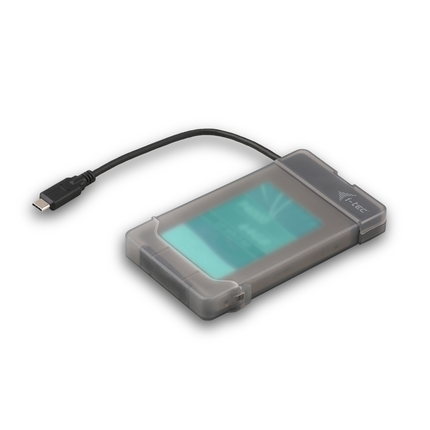 Externe Festplatte in einem transparenten Gehäuse mit USB-Kabel.