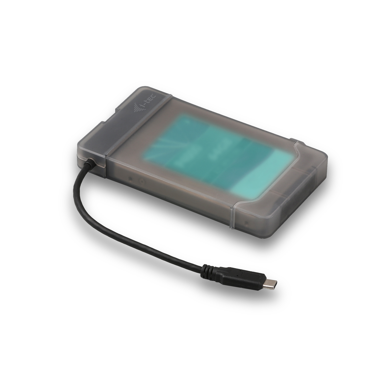 Externes Festplattengehäuse, klarer Kunststoff, schwarzes Kabel, USB-C-Anschluss.