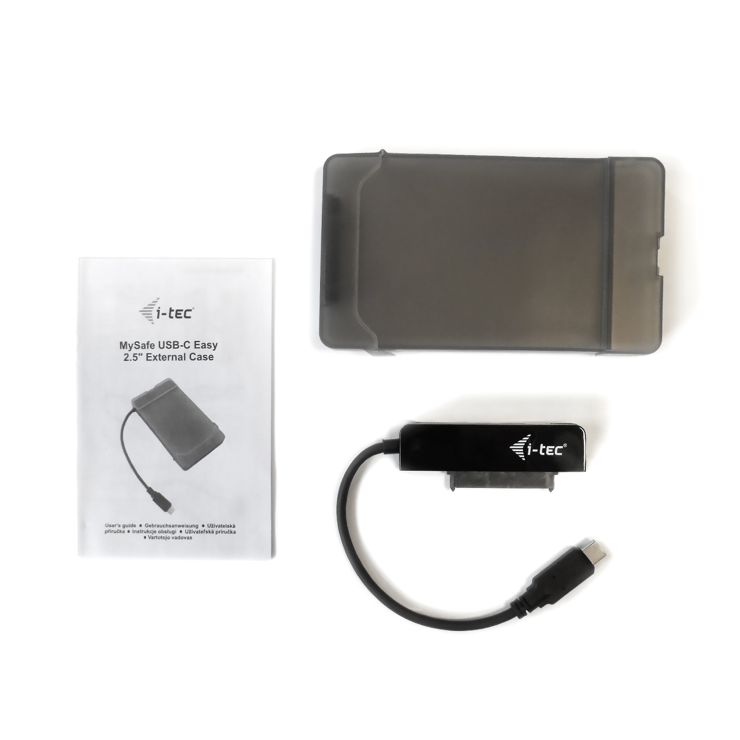 i-tec externe Hülle mit USB-C-Kabel, schwarzem Festplattenadapter und Benutzerhandbuch.