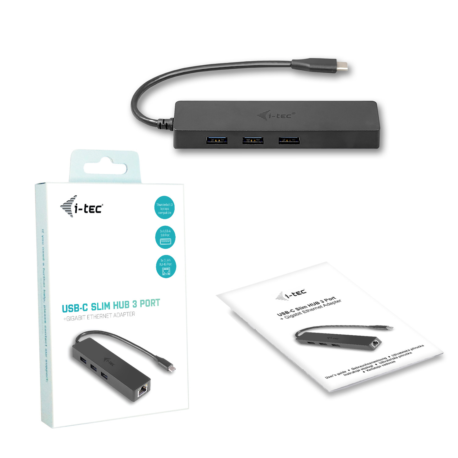 Schwarzer USB-C-Hub mit weißer Box und Handbuch, alles auf weißer Oberfläche.