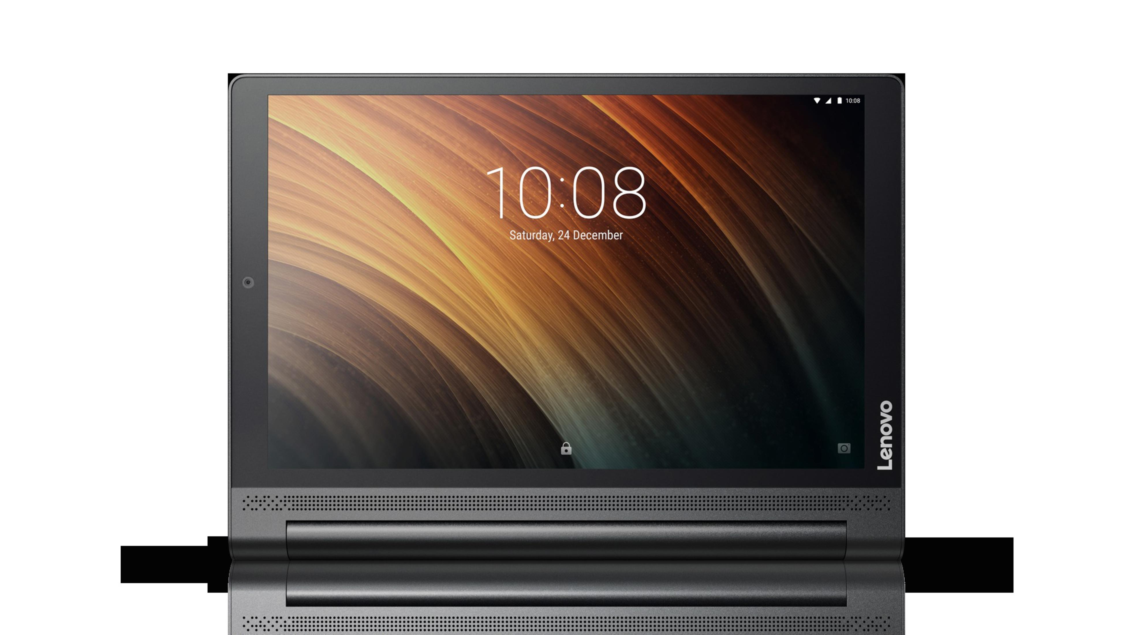 Schwarzes Tablet zeigt die Uhrzeit. Die Basis ist schwarz mit Lautsprecherlöchern. Das Display zeigt goldenen Hintergrund.