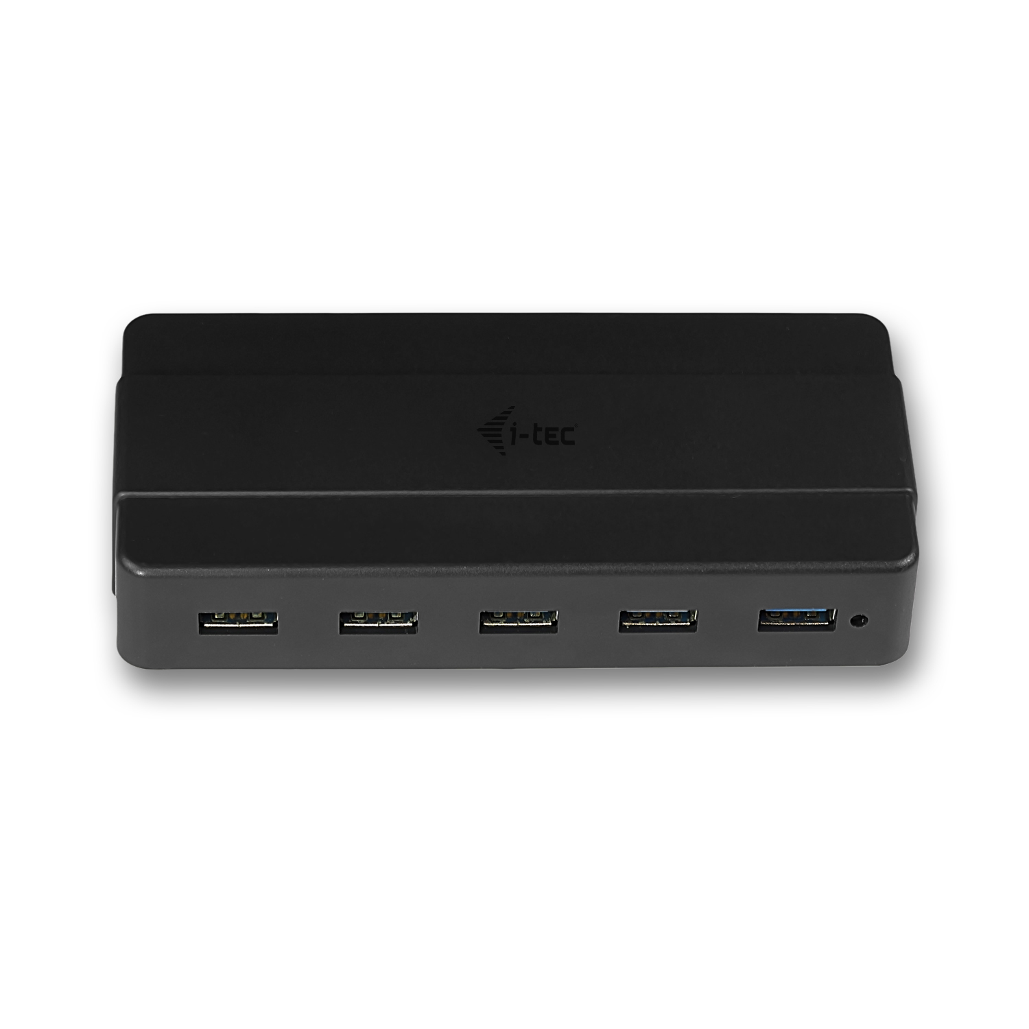 Schwarzer USB-Hub mit 5 Anschlüssen. i-tec-Logo oben, Anschlüsse ausgerichtet, weißer Hintergrund.
