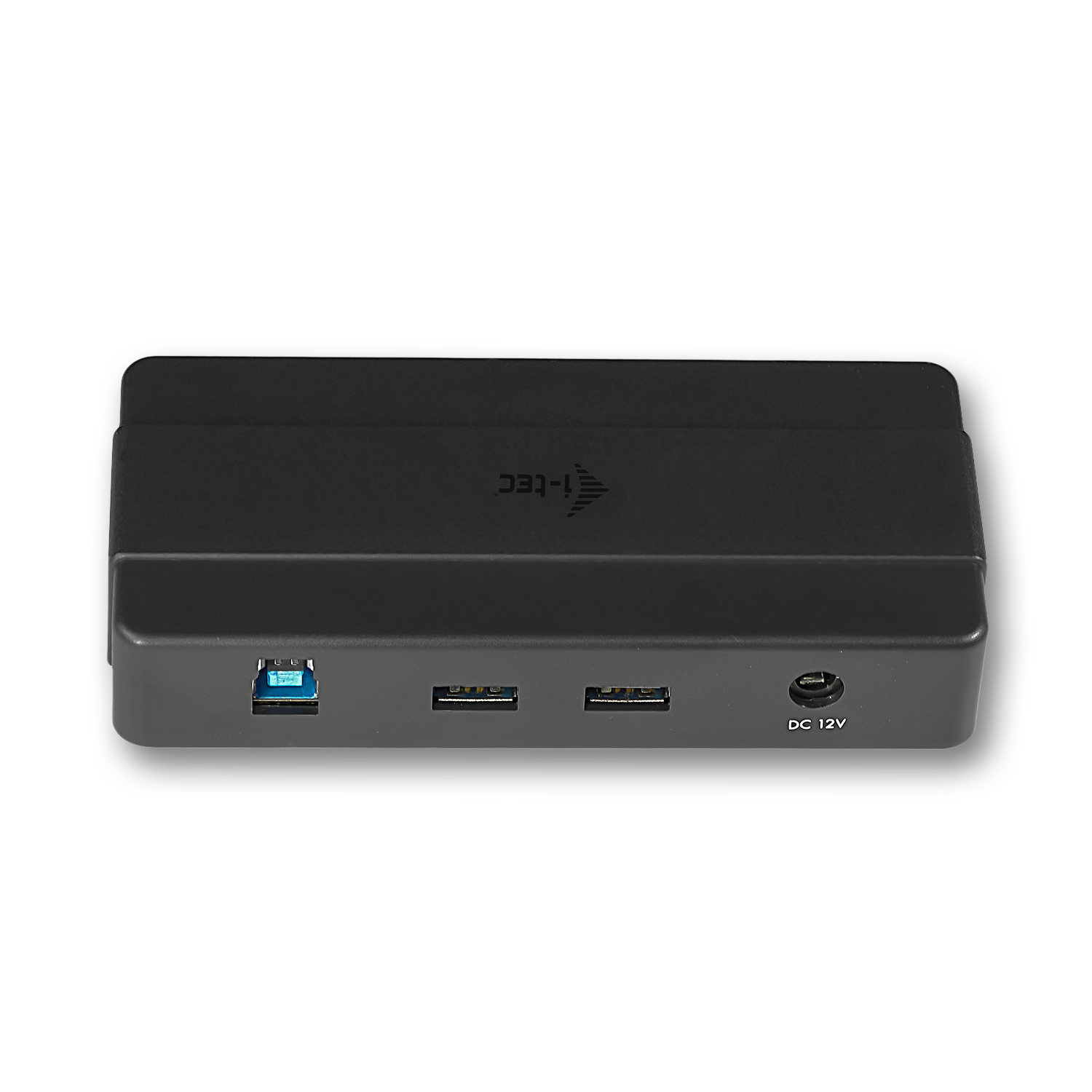 Schwarze Dockingstation mit USB-Anschluss und anderen Anschlüssen. Weißer Hintergrund.
