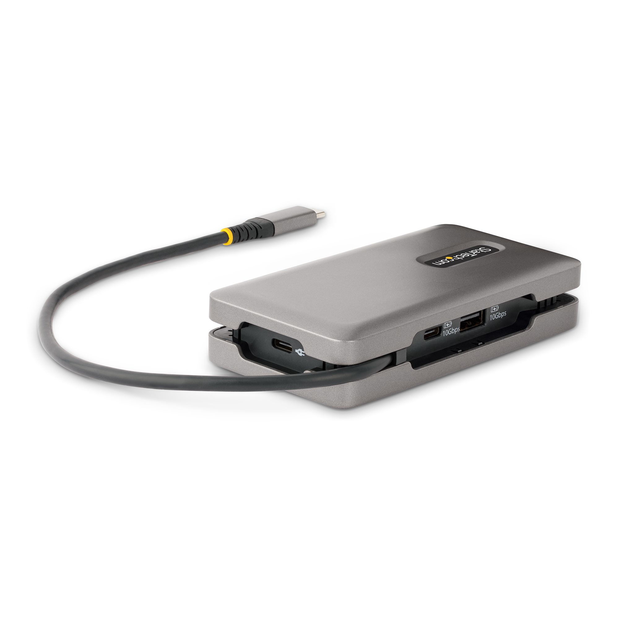 Grauer und schwarzer Hub mit angeschlossenem Kabel, Anschlüssen für SD und USB.