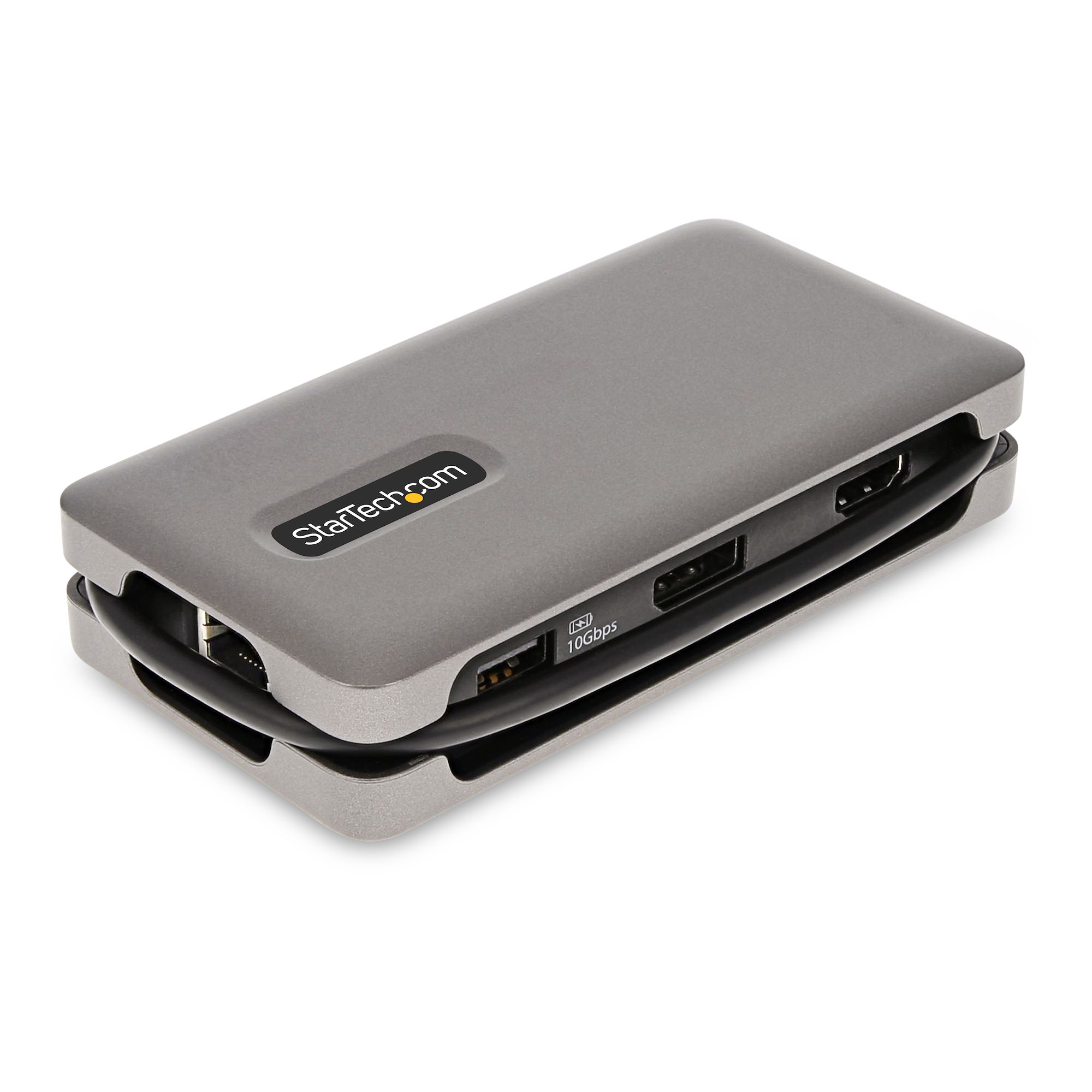 Ein grauer StarTech.com USB-Hub mit mehreren Anschlüssen, einschließlich USB und HDMI, auf weißem Grund.