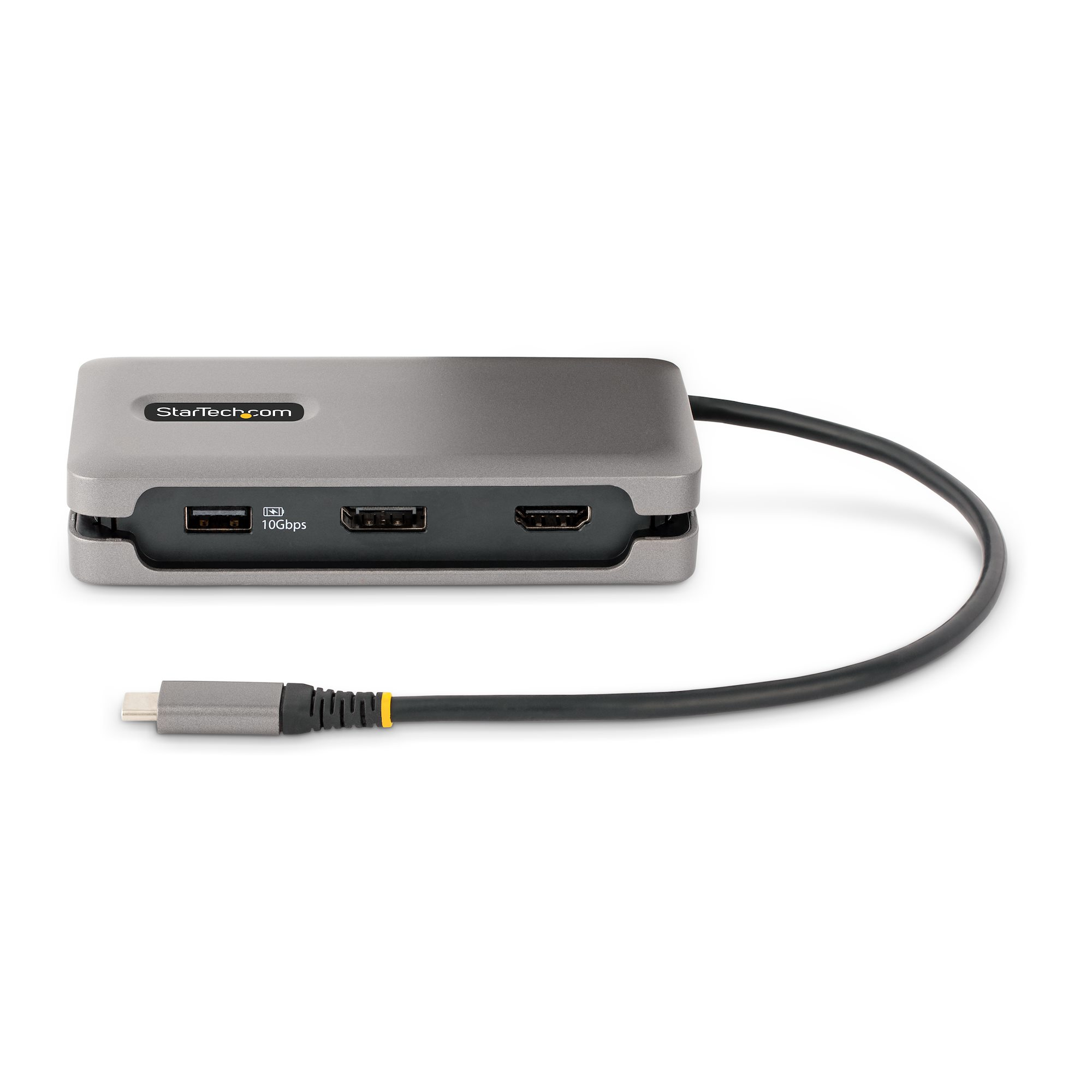 Grauer USB-C-Hub mit mehreren Anschlüssen. Schwarzes Kabel angeschlossen. Weißer Hintergrund.