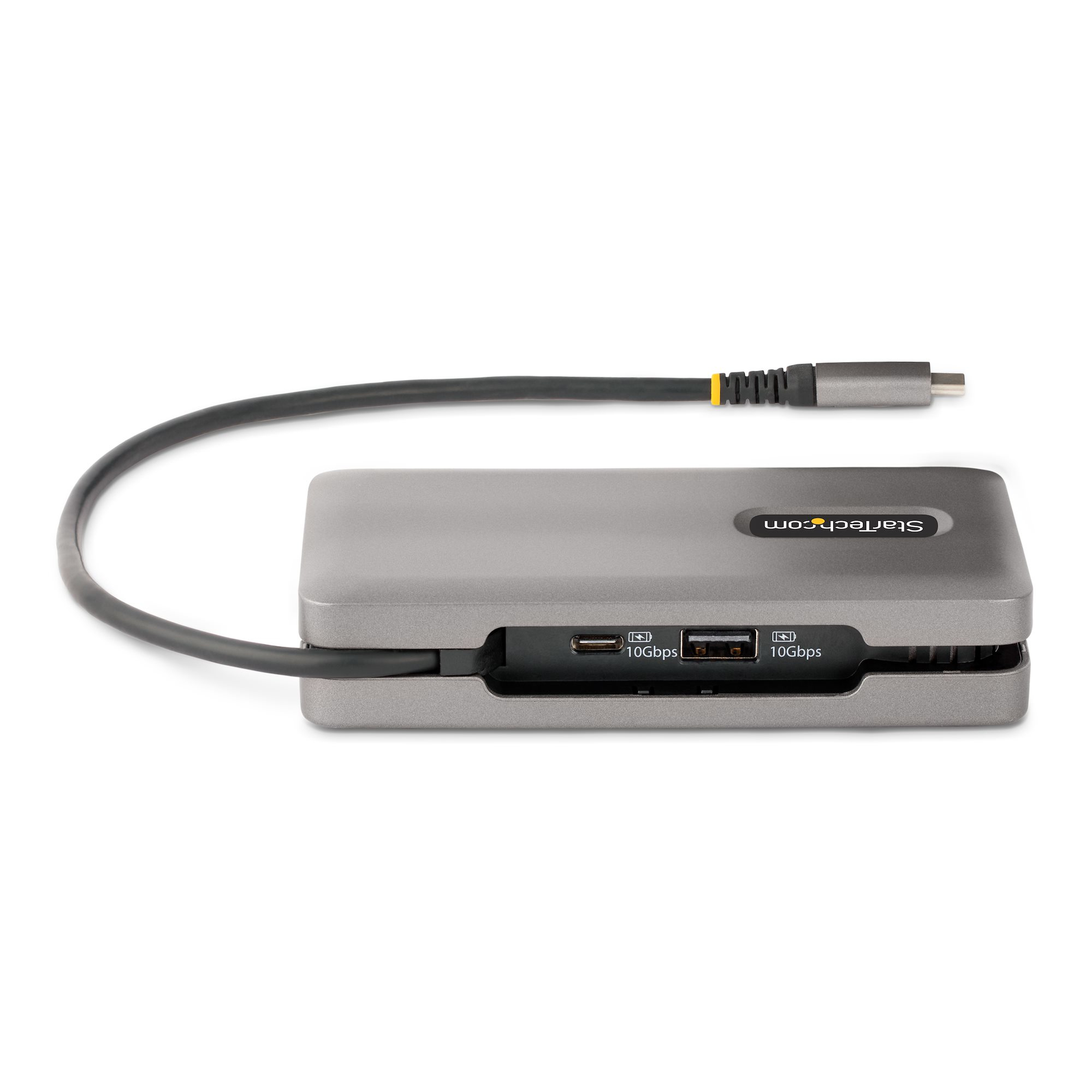 Silber-schwarzer StarTech-Hub mit Kabel. Weißer Hintergrund.
