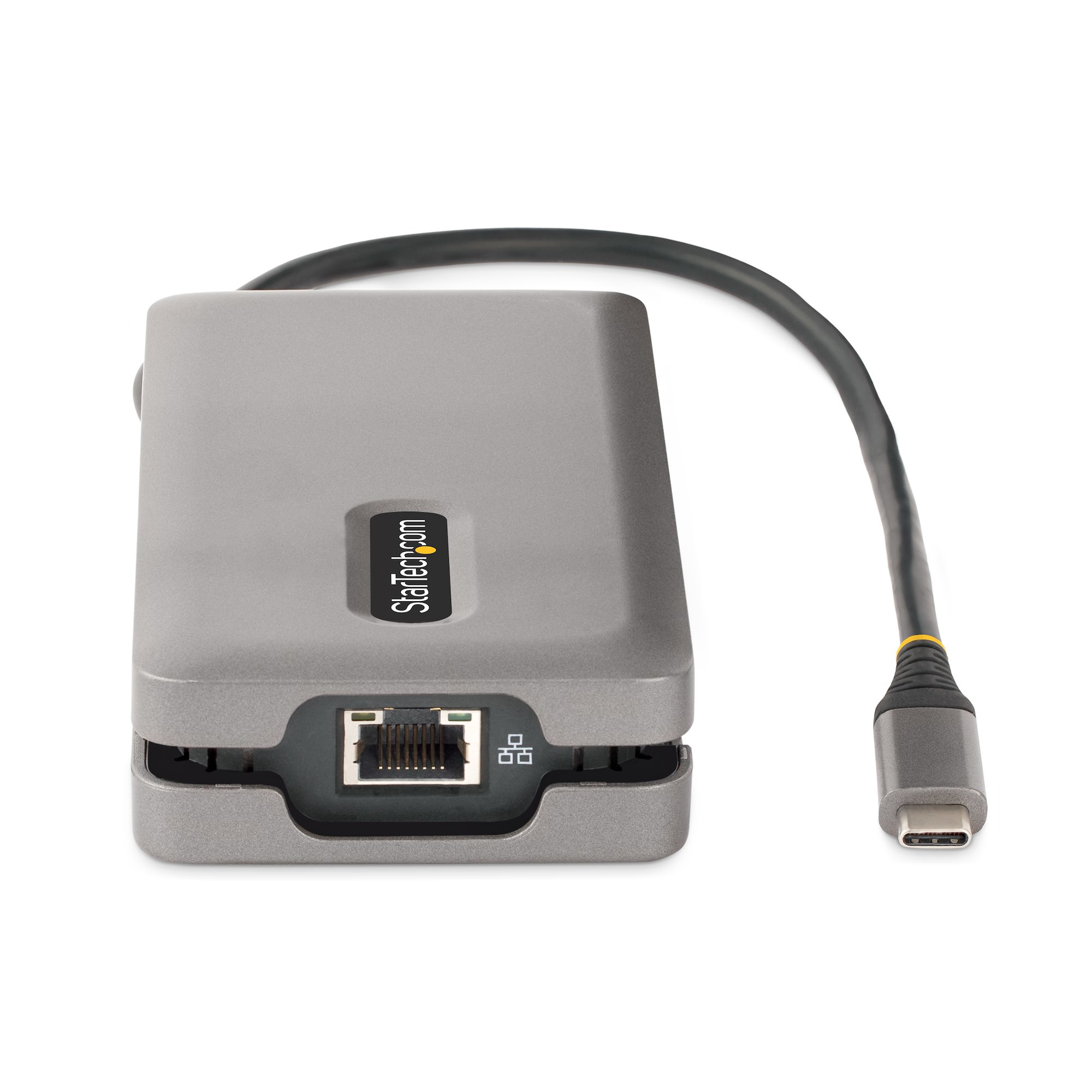 Grauer Startech-Hub mit angeschlossenem USB-C-Kabel, isoliert vor weißem Hintergrund.