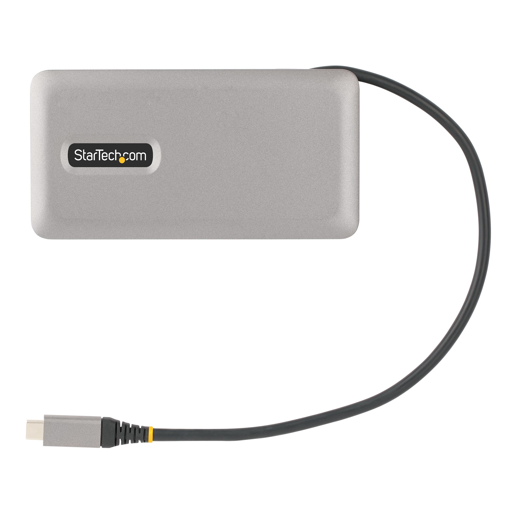 Graue externe Festplatte von StarTech mit schwarzem Kabel. Kabel endet in einem USB-C-Anschluss.