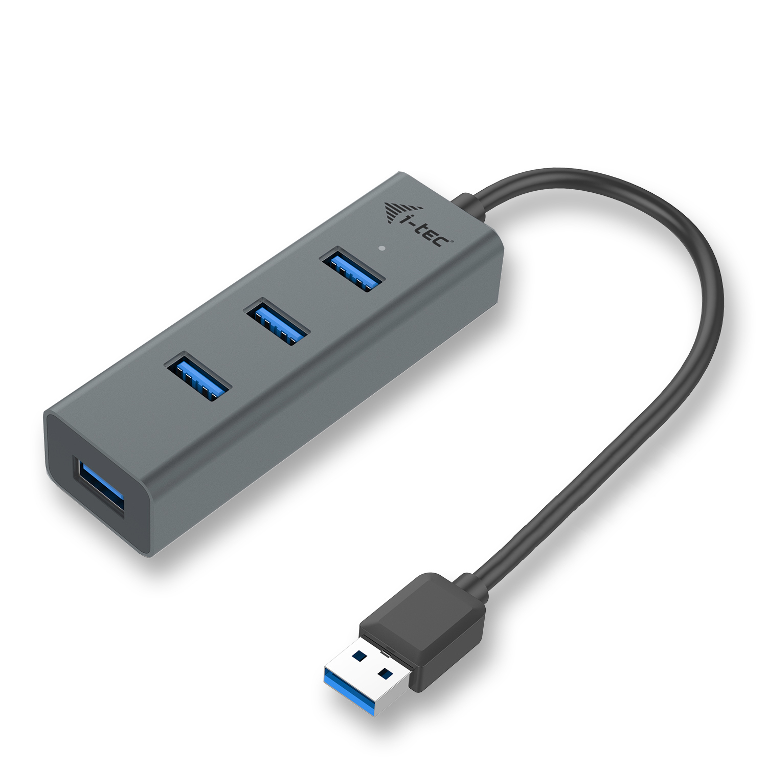 A gray USB hub with three USB ports and a connected cable.