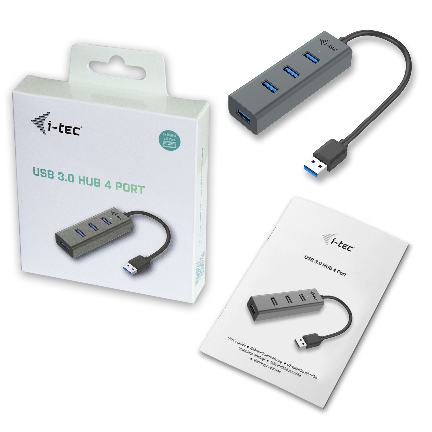 USB 3.0 Hub in a box, with a hub, and a manual.