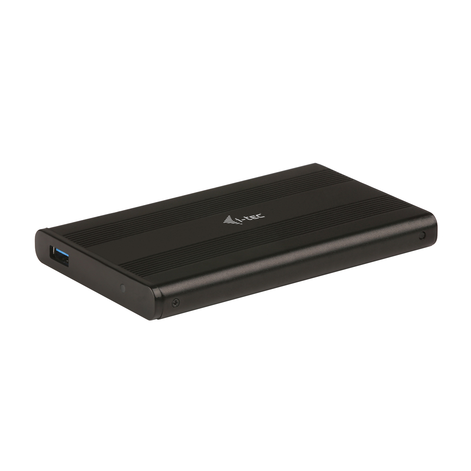 Schwarze externe Festplatte mit Metallic-Finish. Das Logo ist sichtbar.