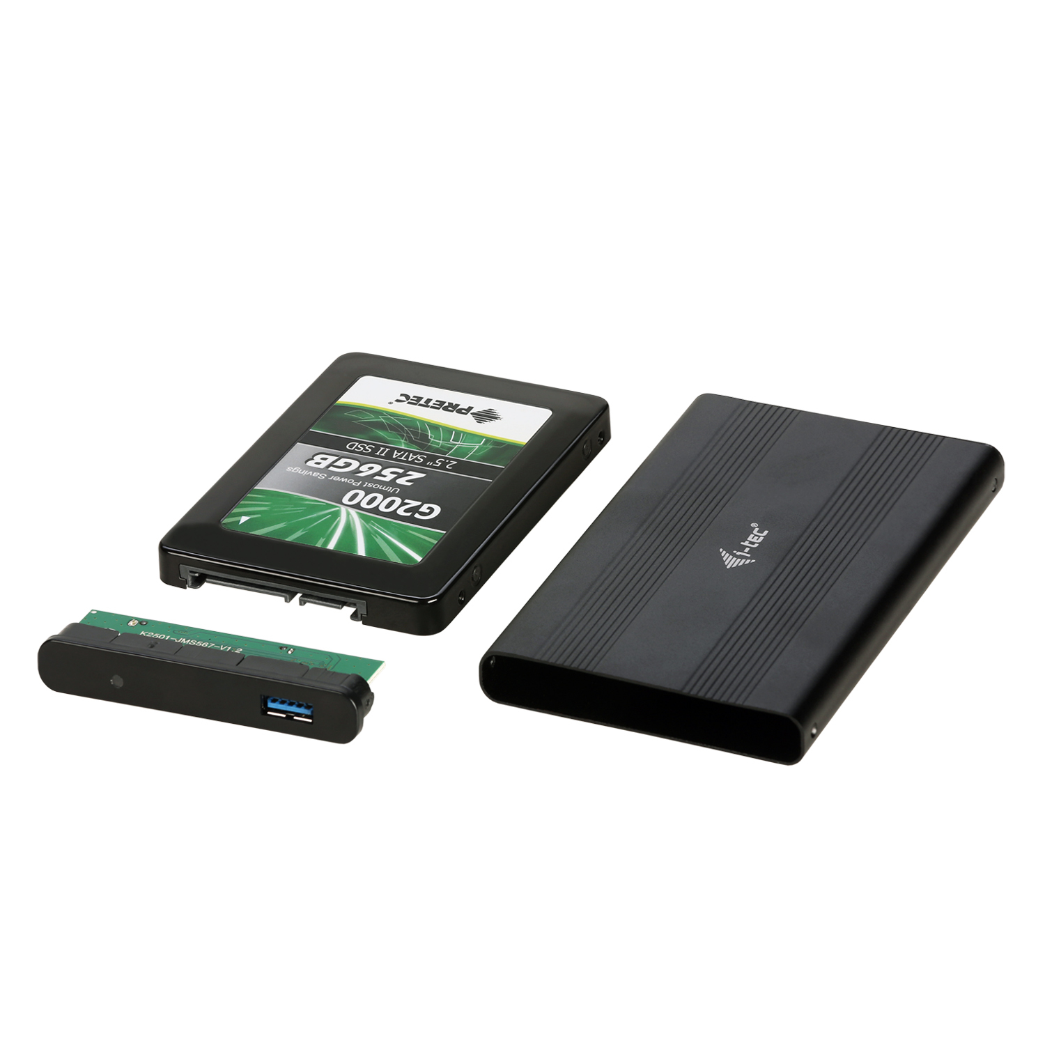 Schwarze Komponenten einer externen Festplatte, einschließlich Laufwerk und USB-Adapter.