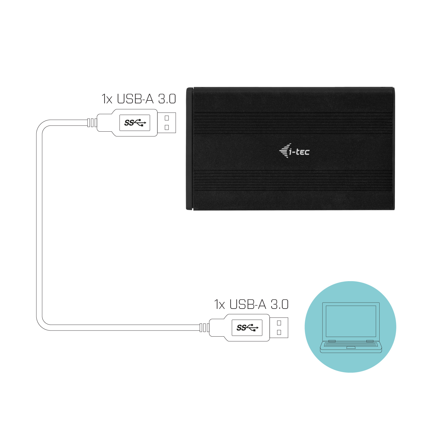 Schwarze externe Festplatte mit USB-Kabel. Weißer Hintergrund. Laptop-Symbol rechts.