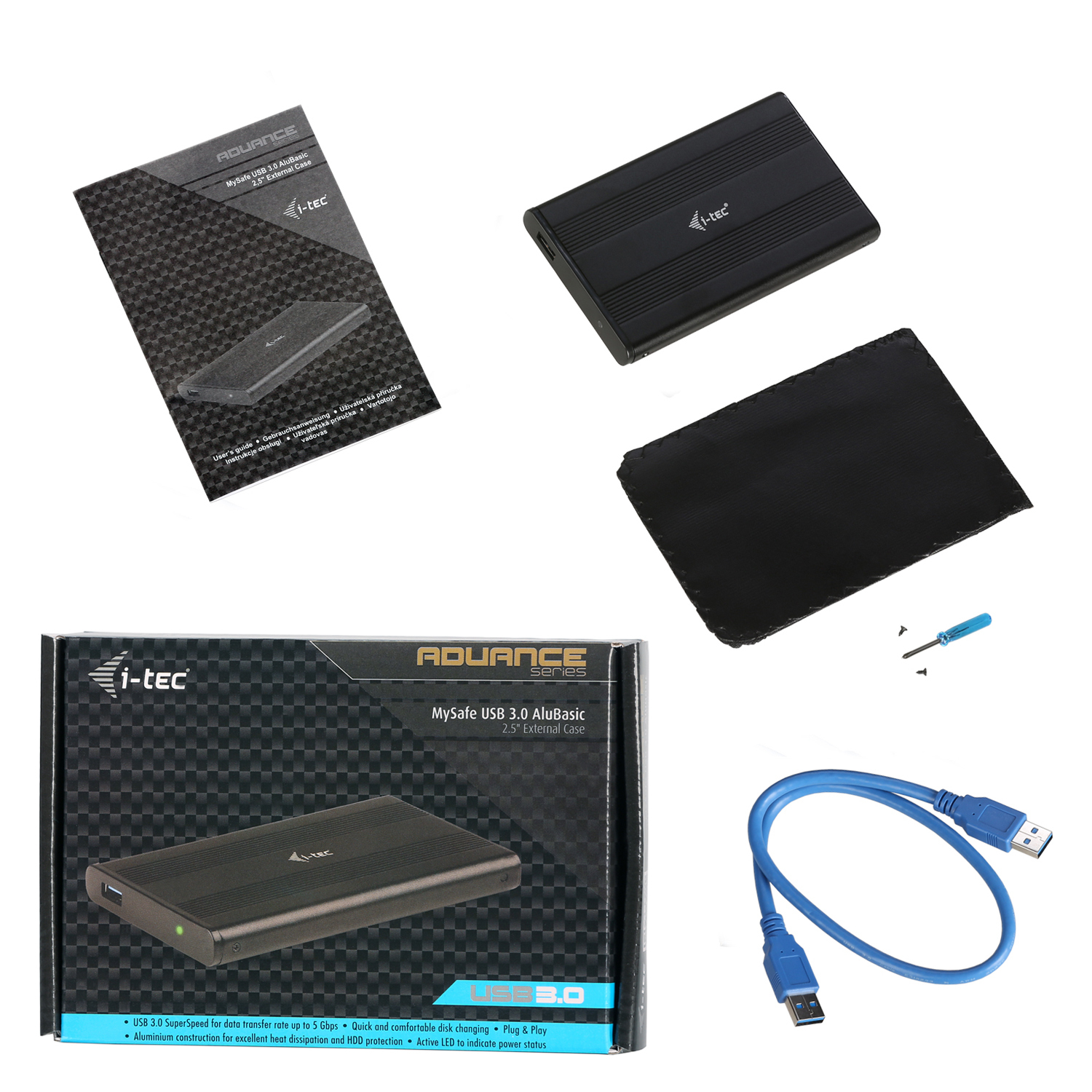 Externes Festplatten-Kit. Enthält eine schwarze Festplatte, Box, Abdeckung, Schraubendreher und USB-Kabel.