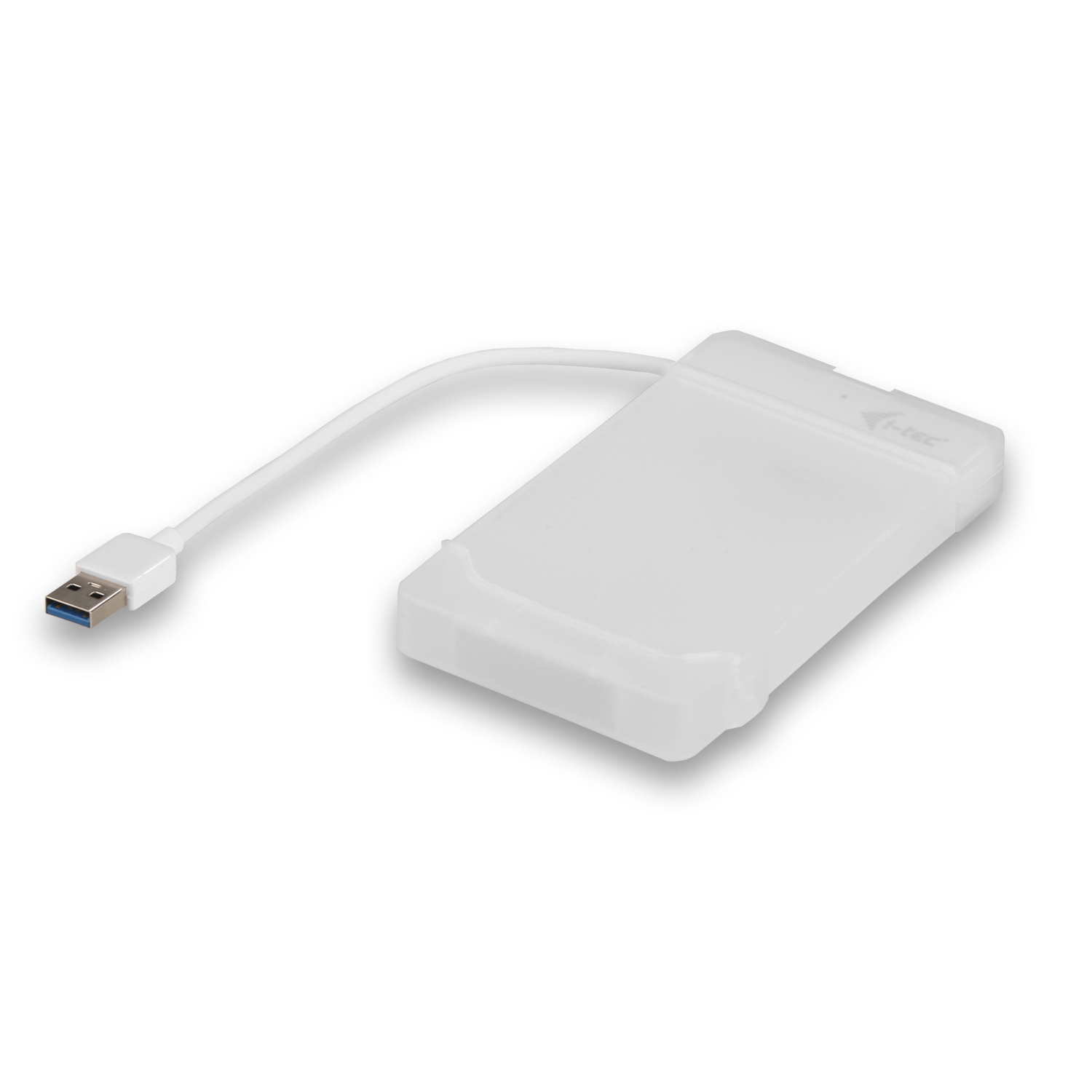Weißes, rechteckiges externes Festplattenlaufwerk mit USB-Kabel.