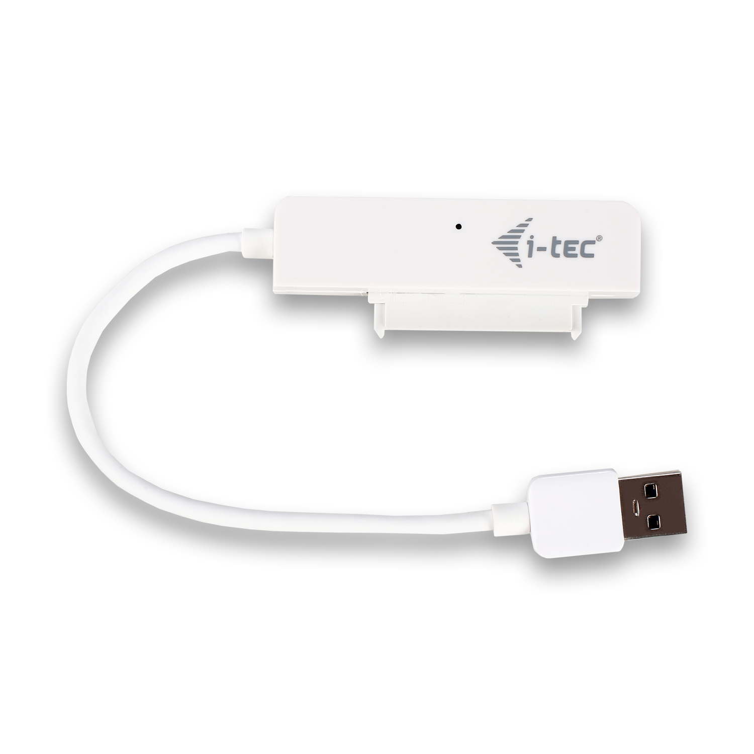 Weißer i-tec Adapter mit USB-Anschluss und Kabel. Der Markenname ist sichtbar.