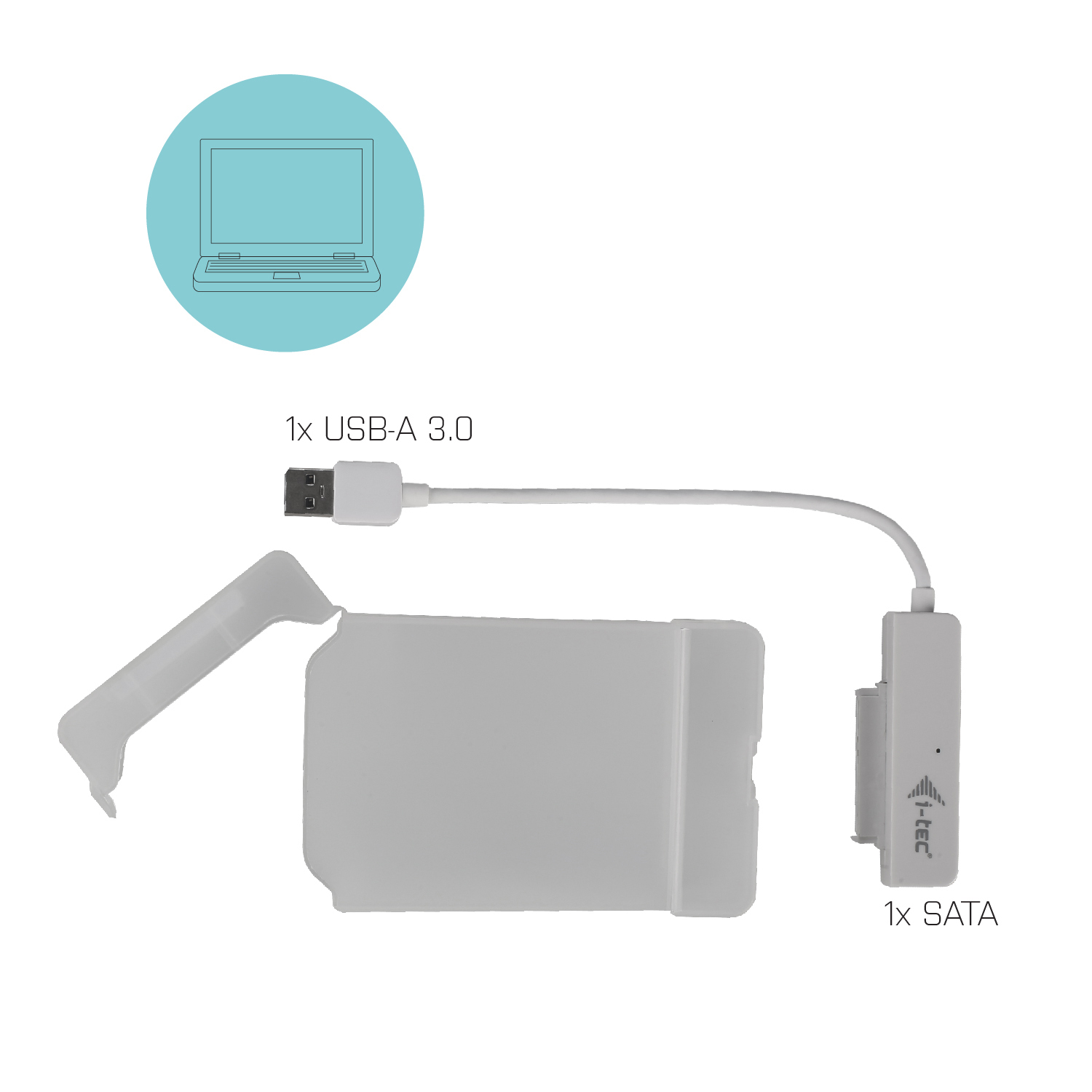 Weißes, separates SATA-zu-USB-Adapterkit mit USB-A 3.0-Anschluss, offenem Gehäuse und Laptop-Symbol.