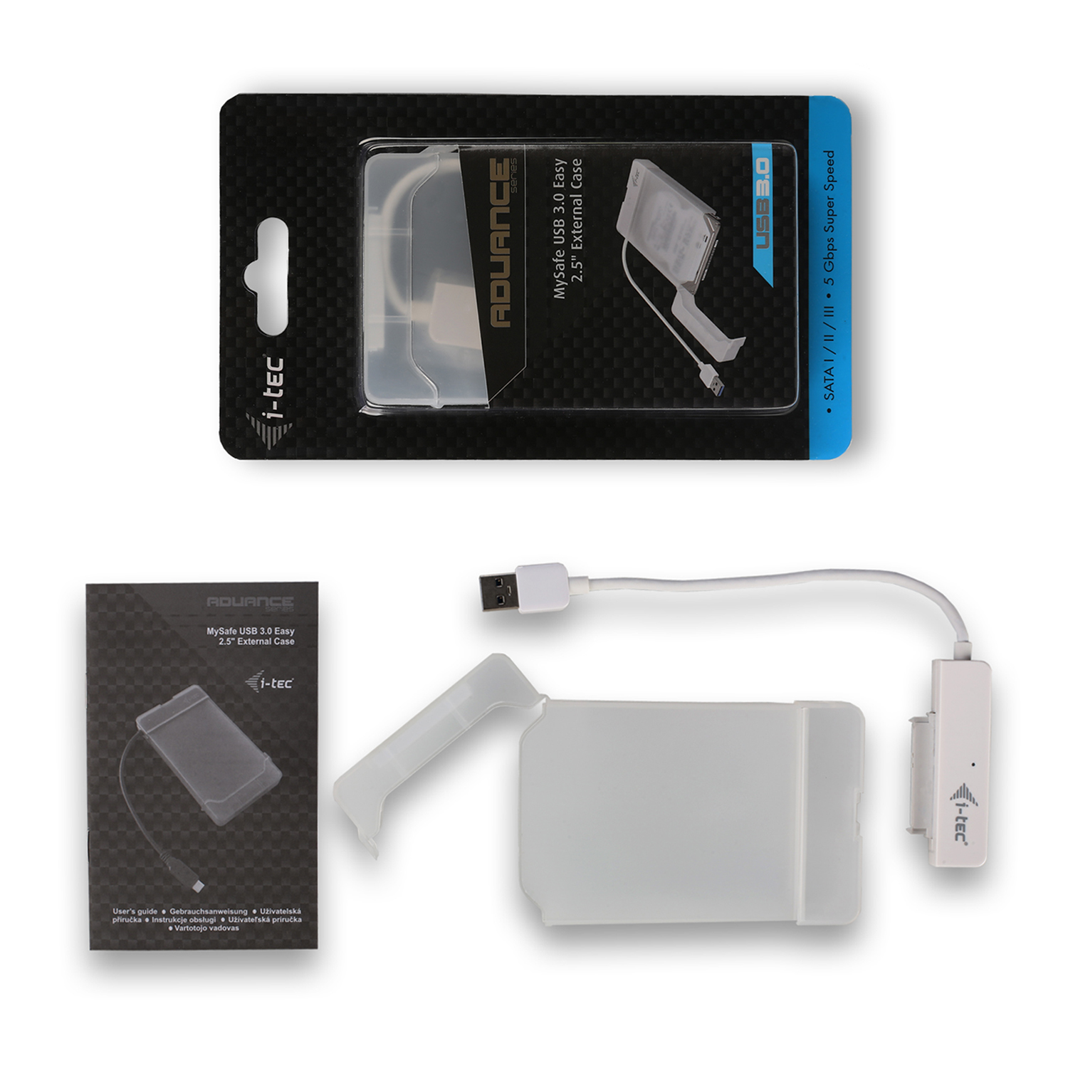 Verpackung mit externem Festplattengehäuse und Zubehör auf weißem Hintergrund.