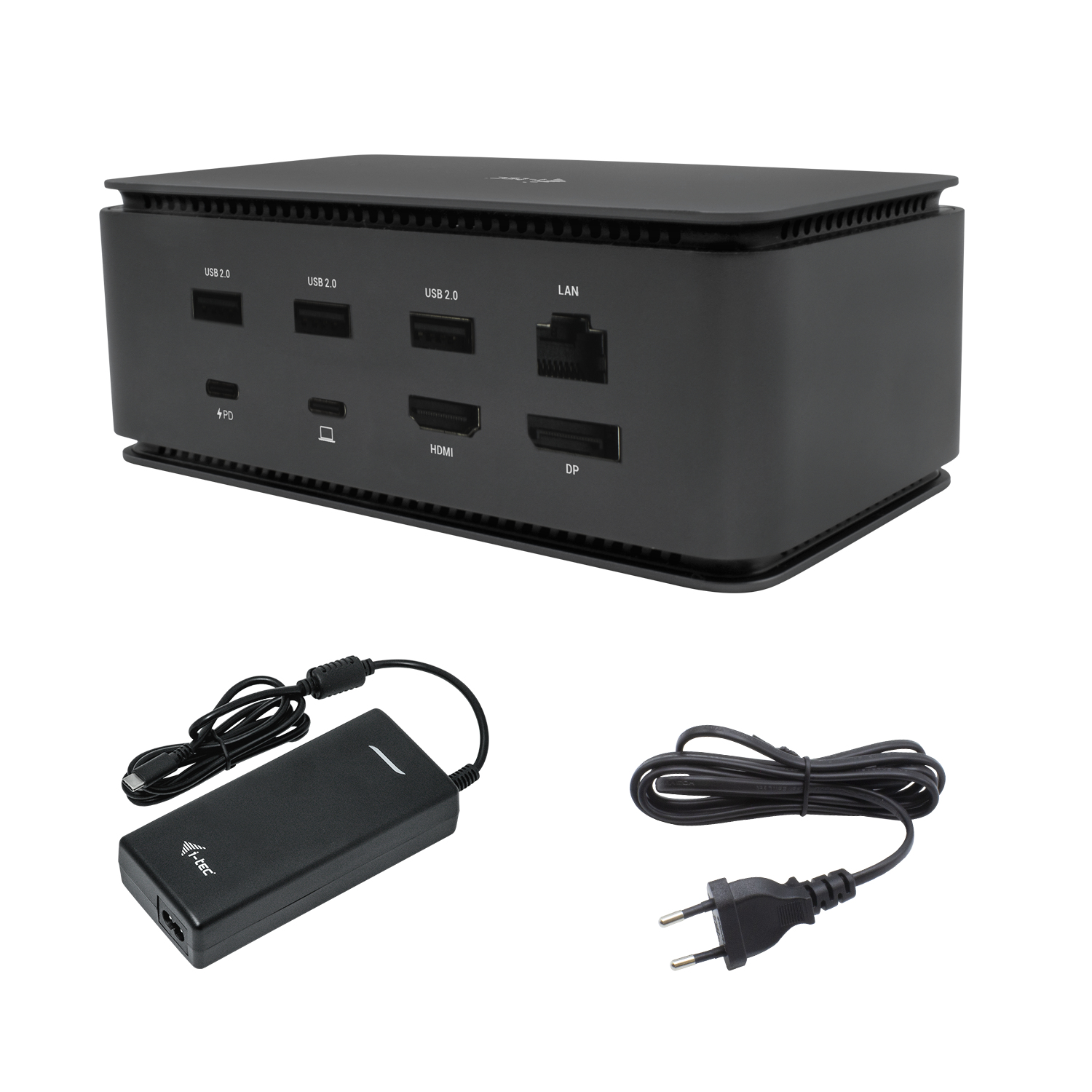 Docking station nera con porte, alimentatore esterno e cavo di alimentazione.