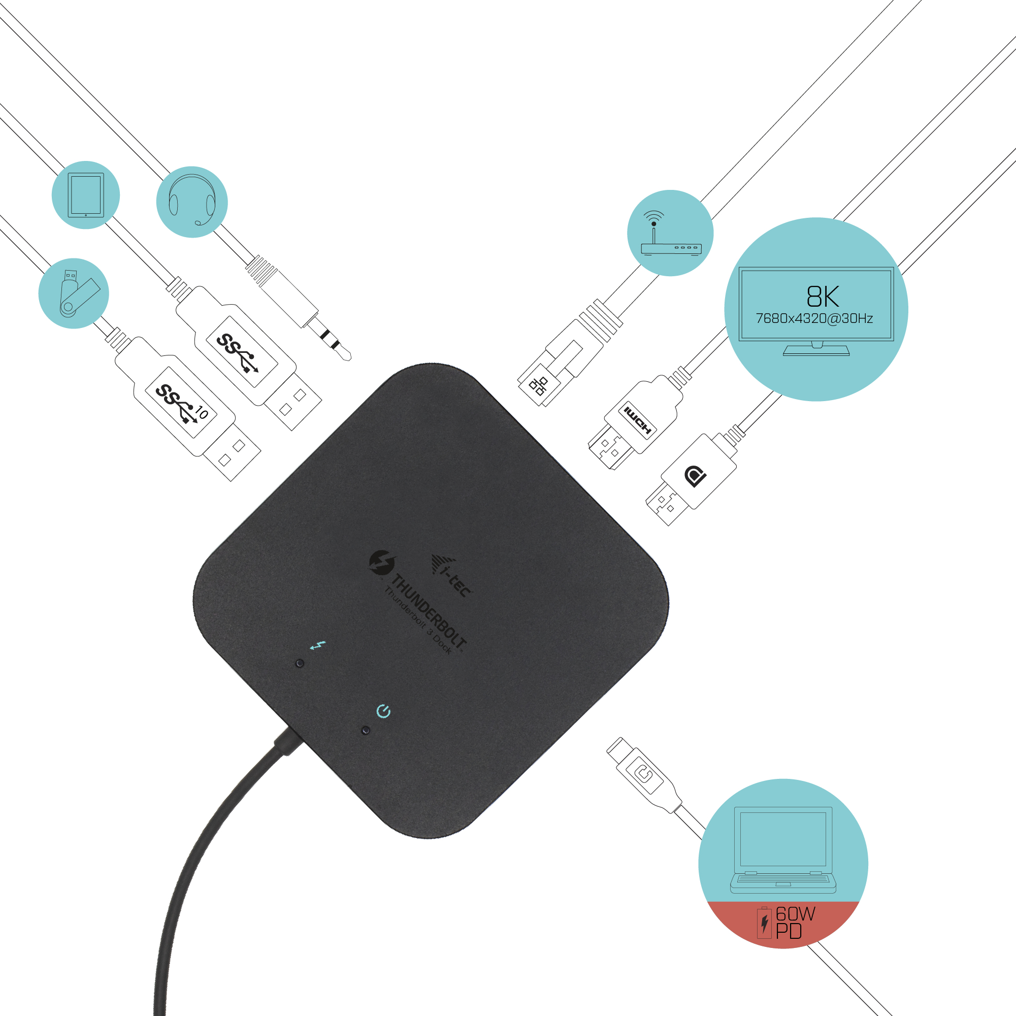 Black hub with various connectors: USB, HDMI, and others. Blue circles indicate connected devices.
