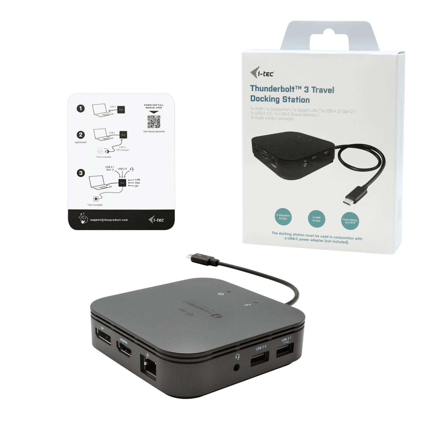A black docking station with cables and a box, with a white background.