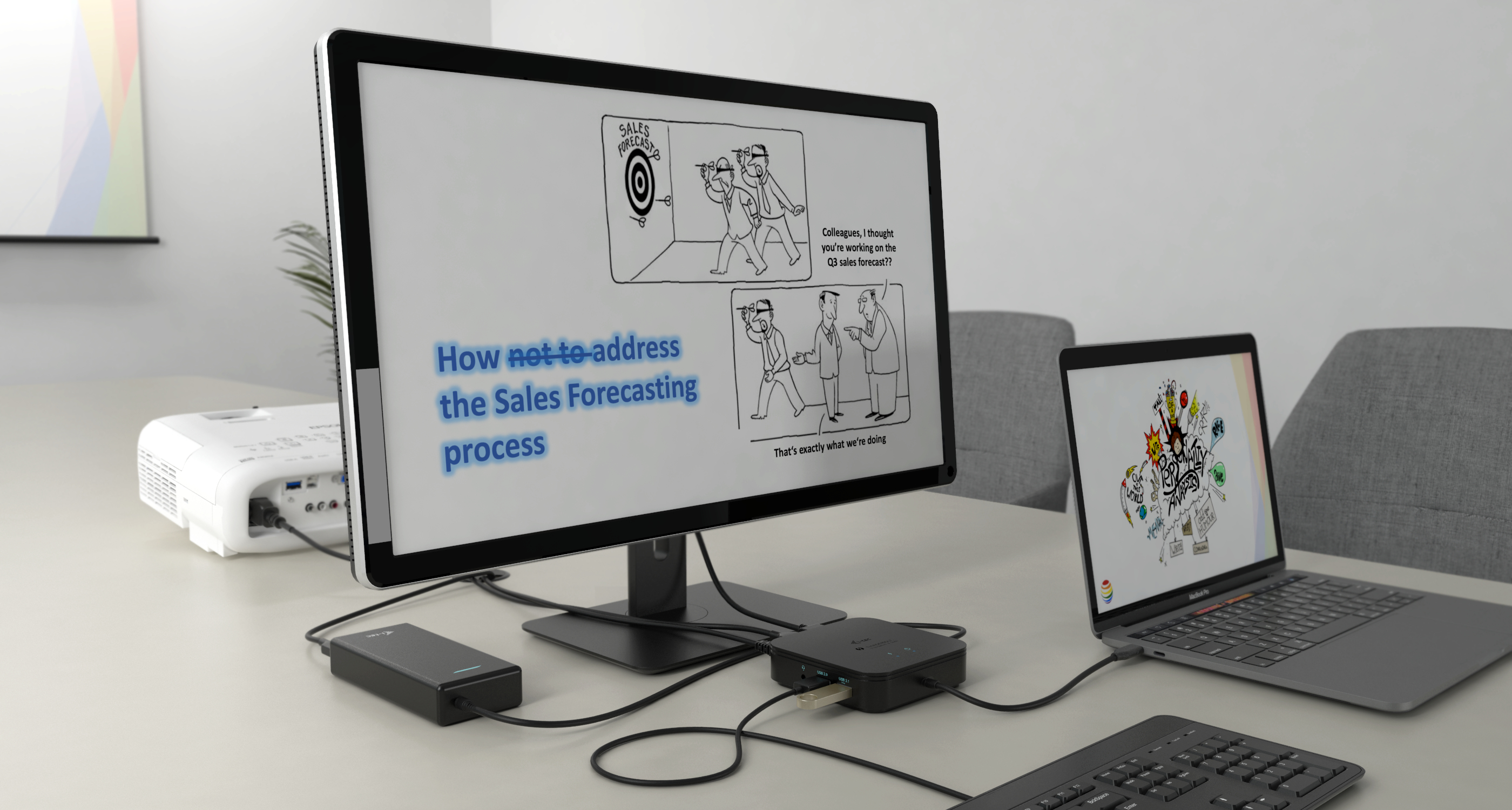 Meeting room with a screen showing sales forecast, laptop, and other tech.