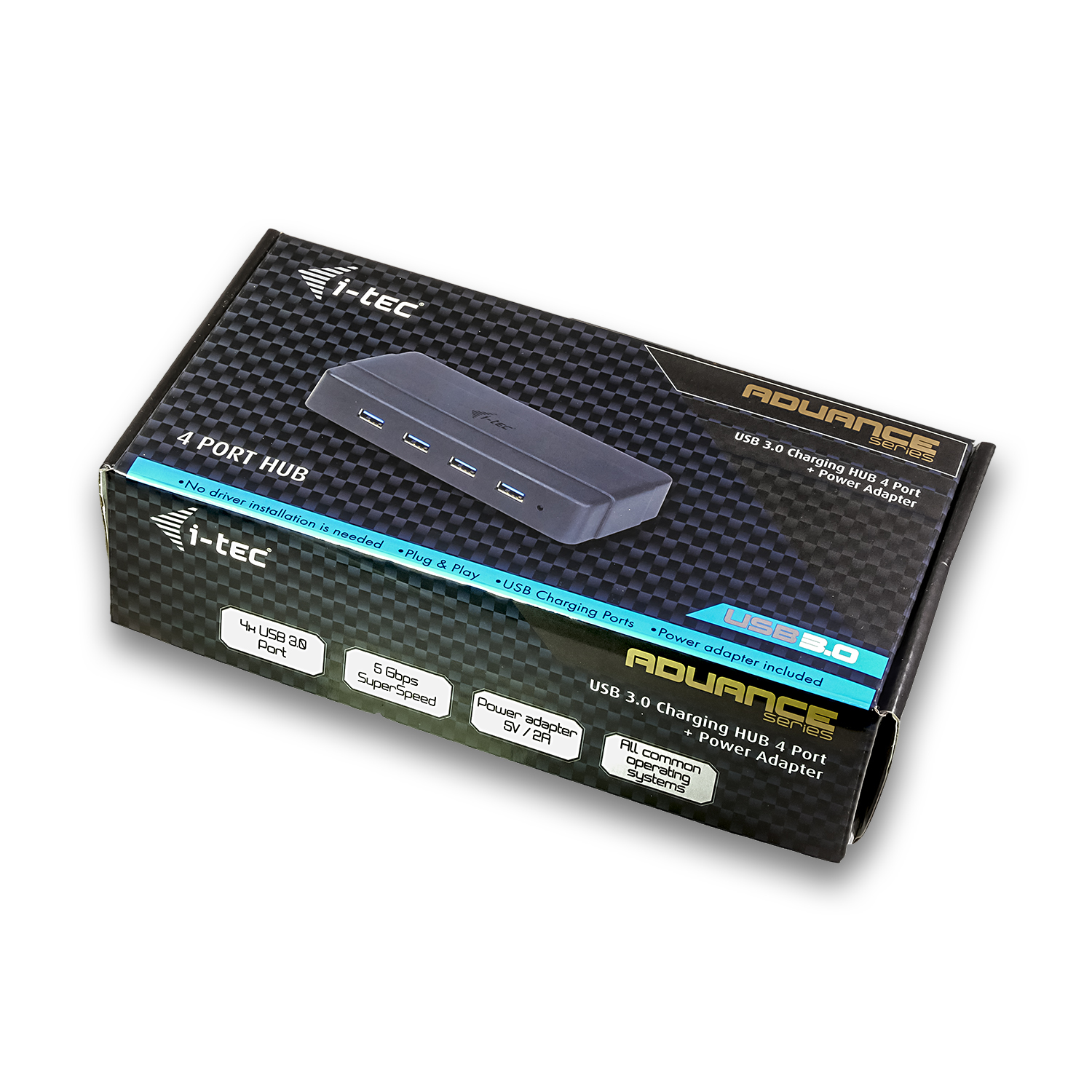 Caja de concentrador USB negro y gris, 4 puertos, marca i-tec, sobre superficie blanca.