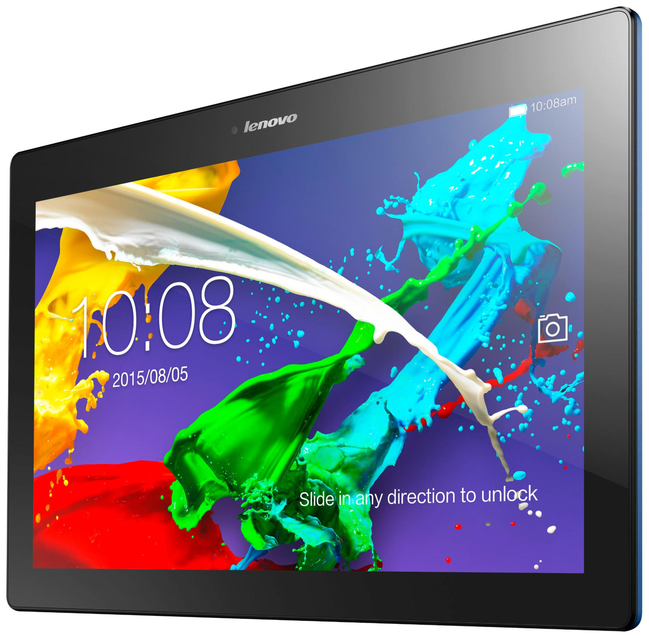 Ein Tablet mit farbenfrohem Startbildschirm mit Text und einem Schloss-Symbol.