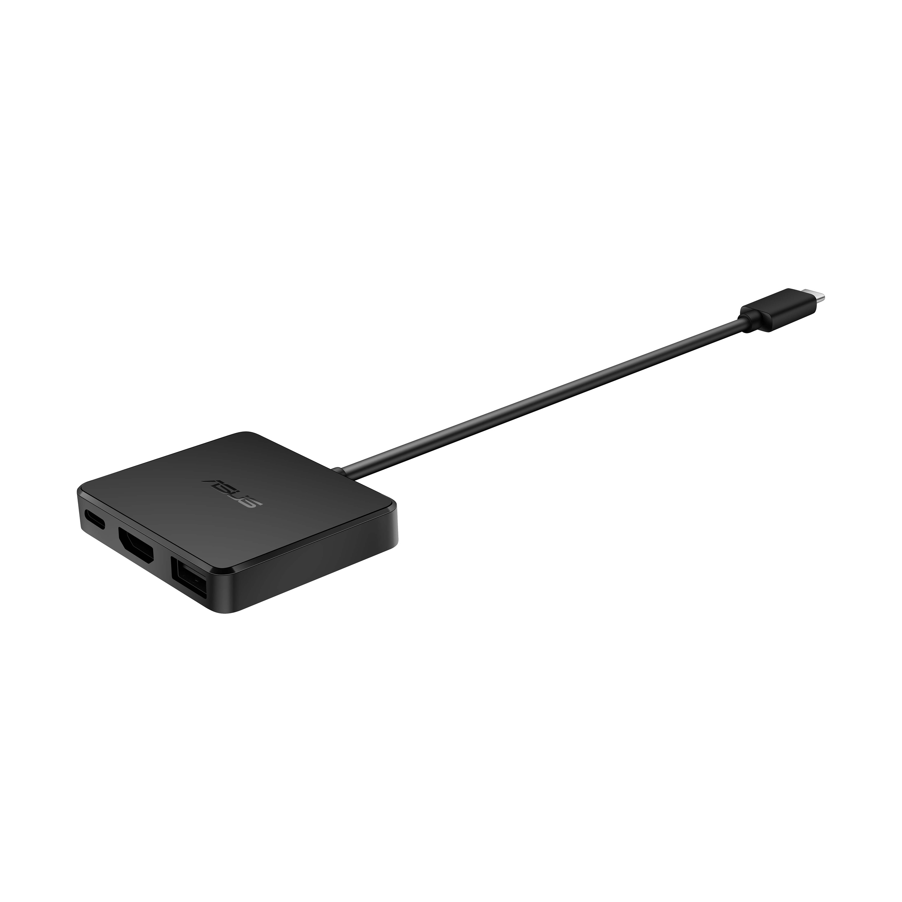 Black ASUS USB-C hub with HDMI and USB ports. Connected to a USB-C cable.