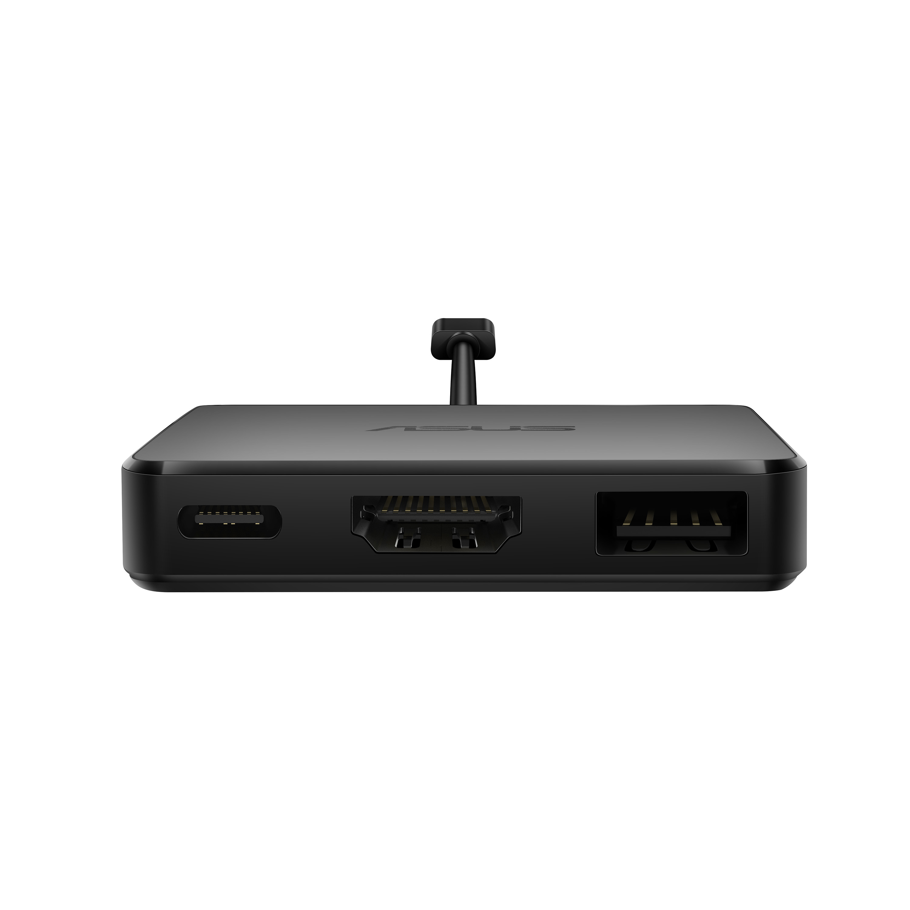 Black ASUS hub with ports. White background.
