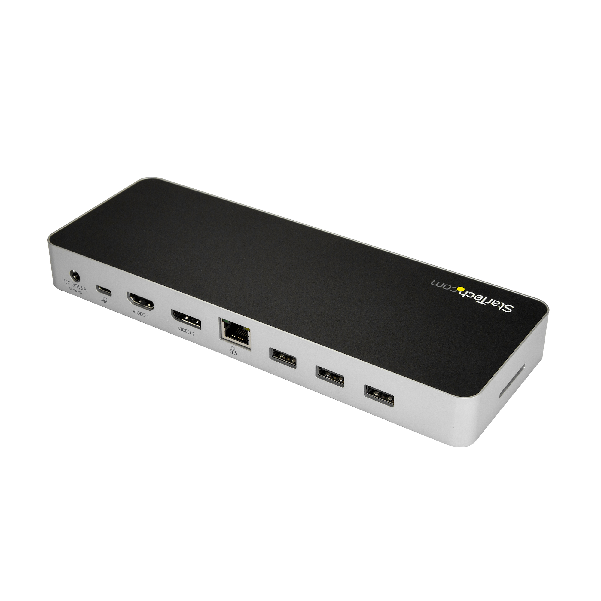 Een zwart-zilveren StarTech.com docking station met diverse poorten op een wit oppervlak.