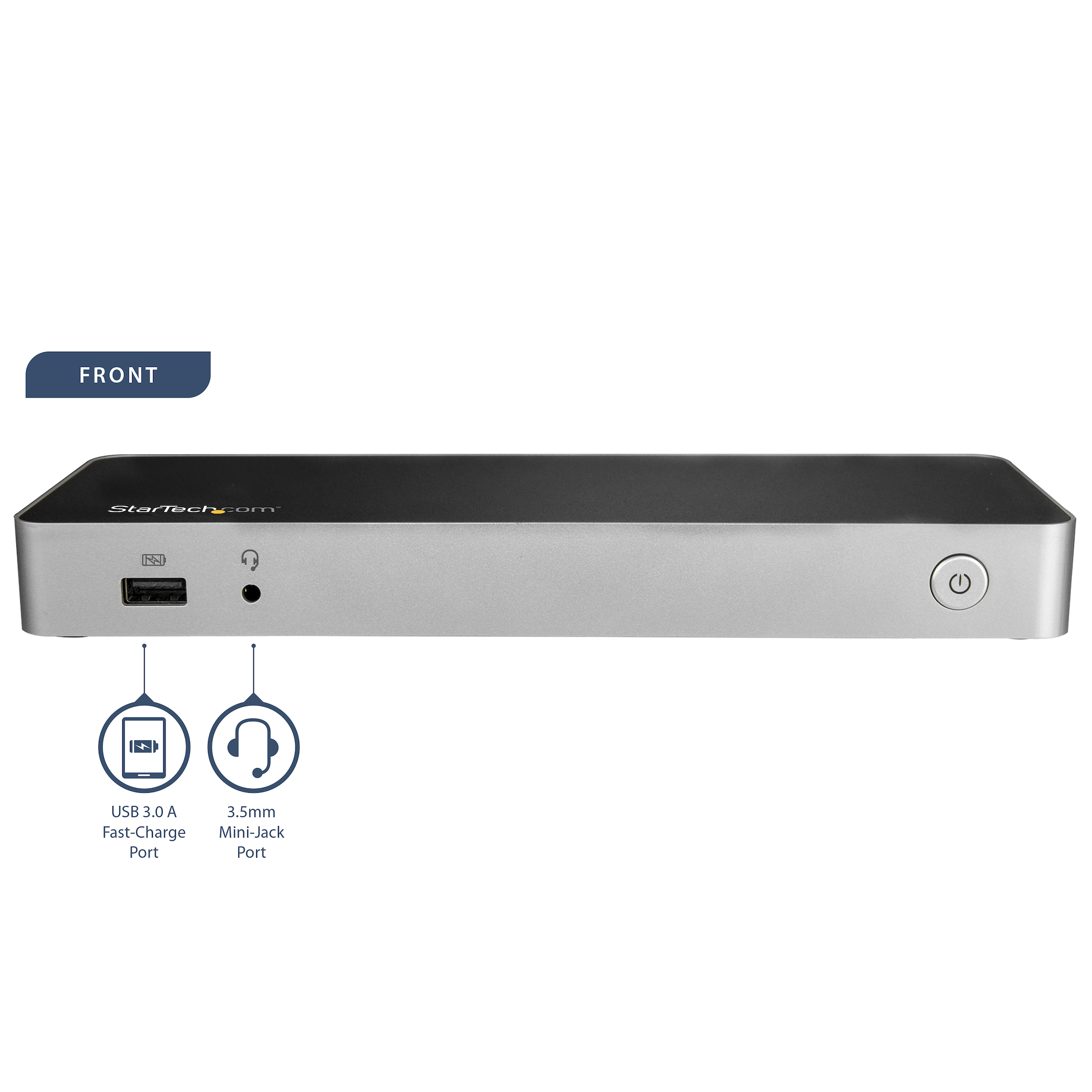Zilver en zwart apparaat met USB- en audiopoorten.