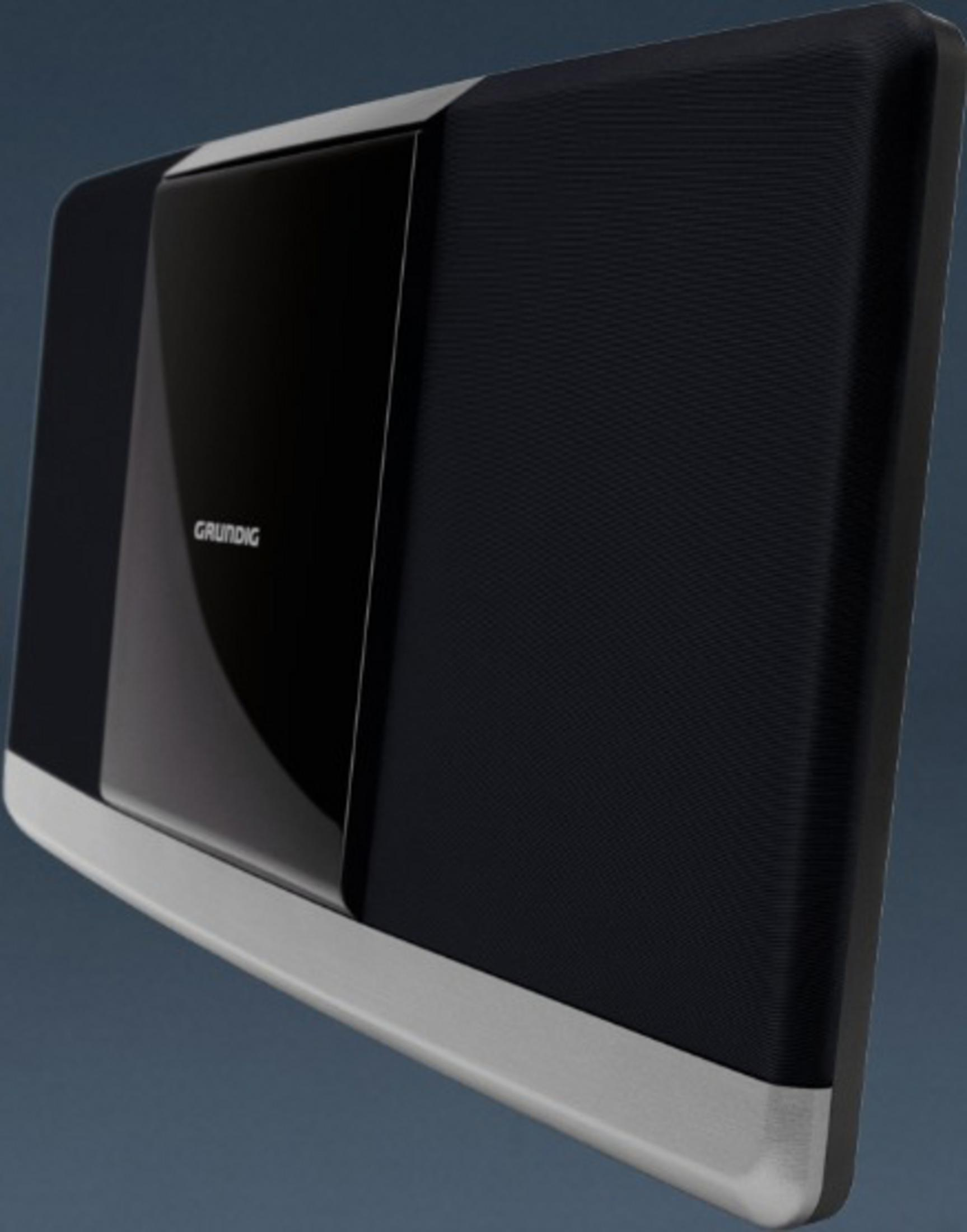 Sistema audio Grundig nero. Centro nero lucido, con altoparlanti neri su entrambi i lati.