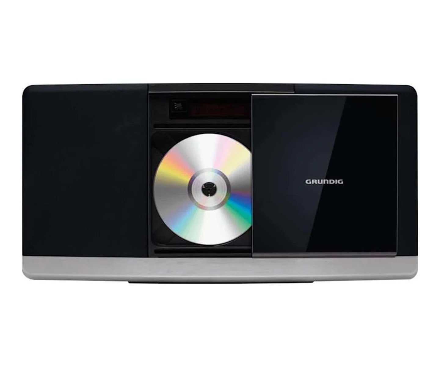 Uno stereo Grundig nero e argento. Un CD è nel lettore e la porta è aperta.