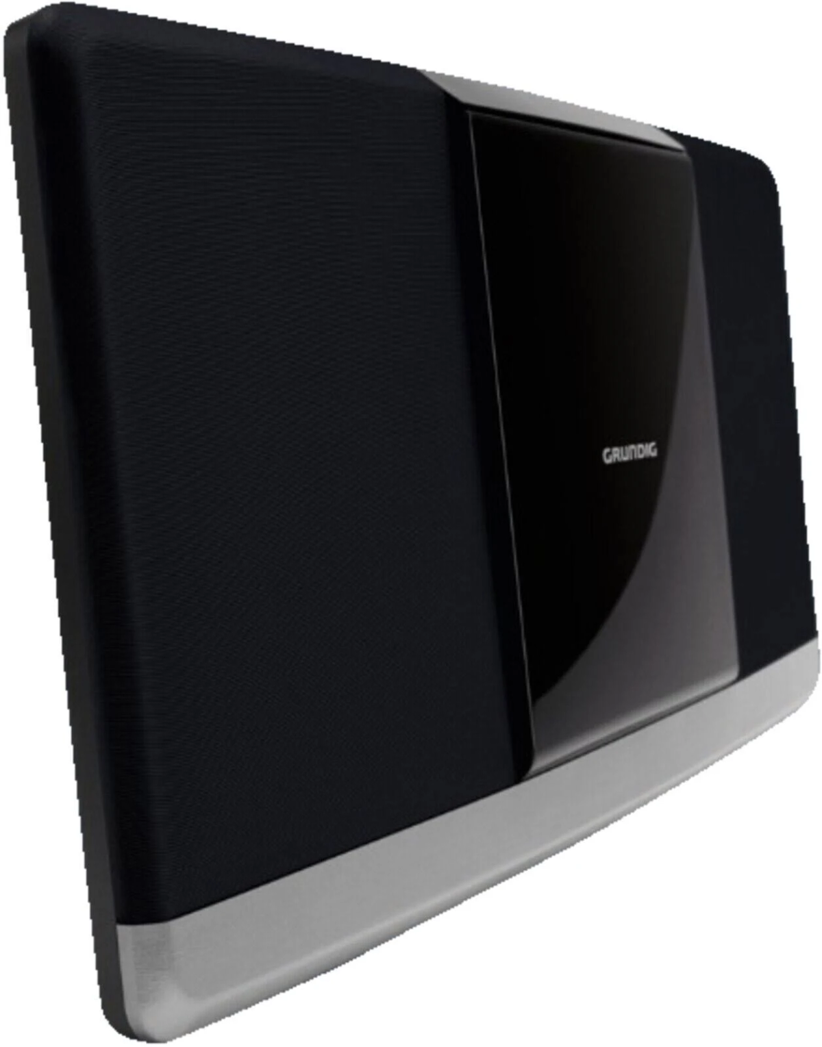 Un sistema musicale Grundig nero, con altoparlanti e pannello di controllo centrale, vista angolata.