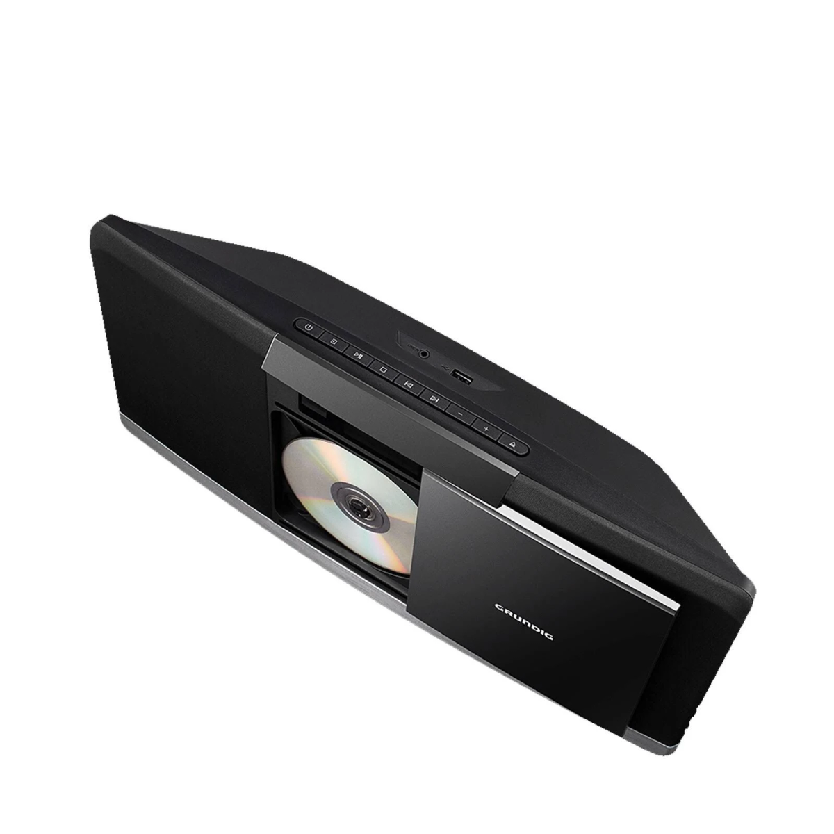 Impianto stereo nero con sportello del lettore CD aperto, vista angolata.