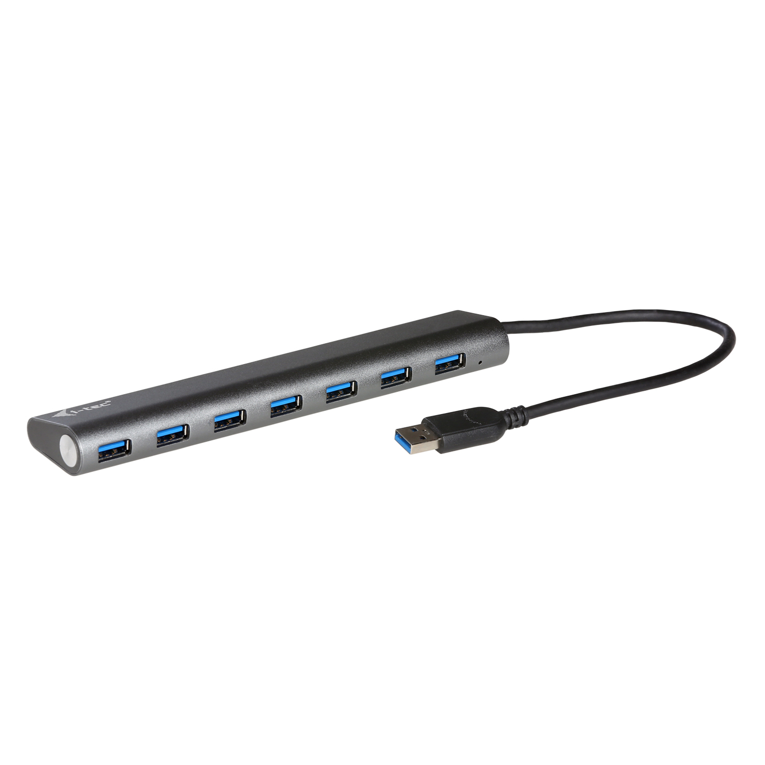 Hub USB argenté avec 7 ports et câble noir sur fond blanc.