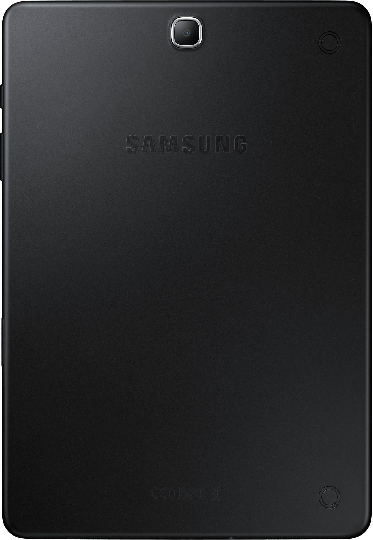 Schwarze Tablet-Rückansicht, Samsung-Logo und Kamera sichtbar, matte Oberfläche.