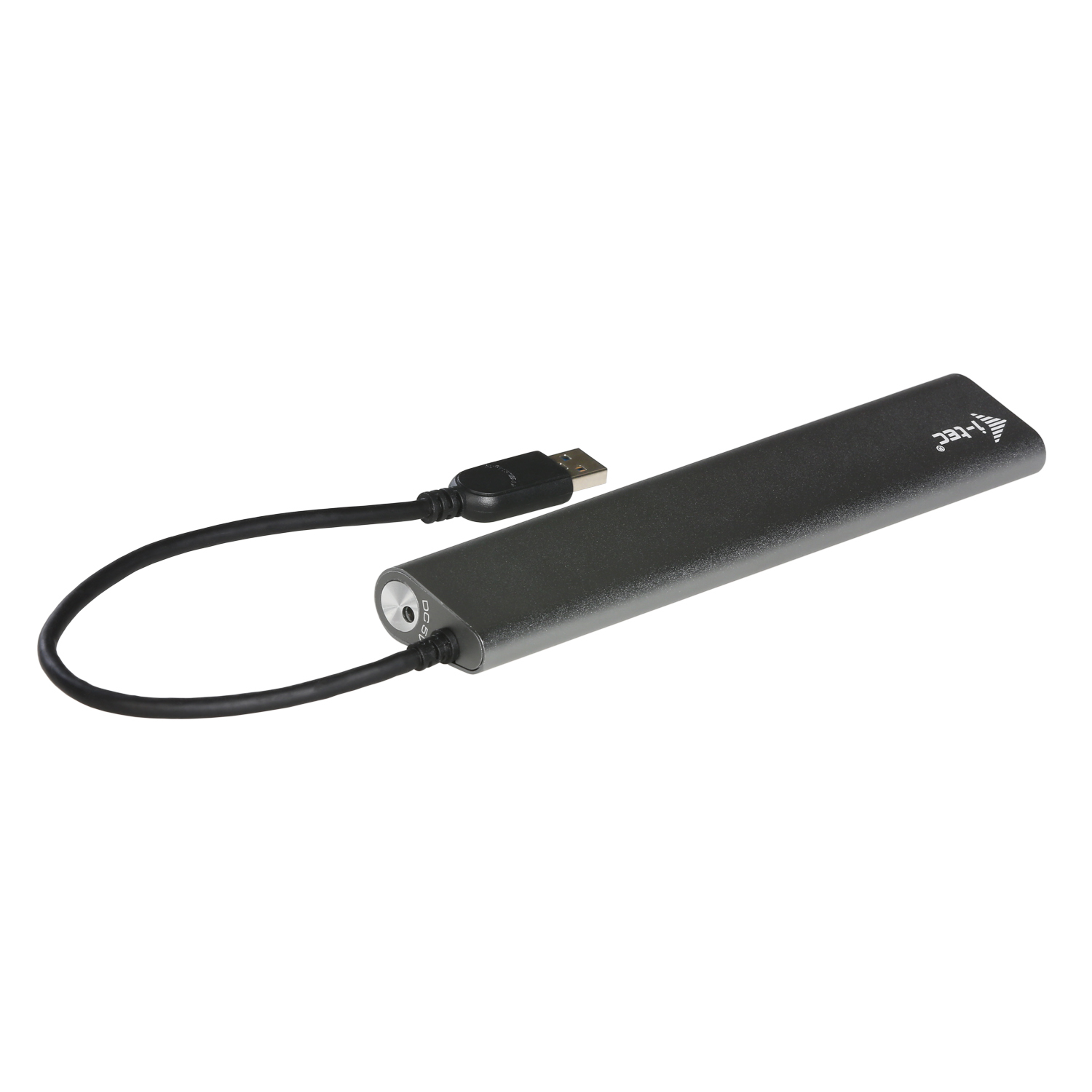 Un appareil USB noir avec un câble attaché, sur une surface blanche.