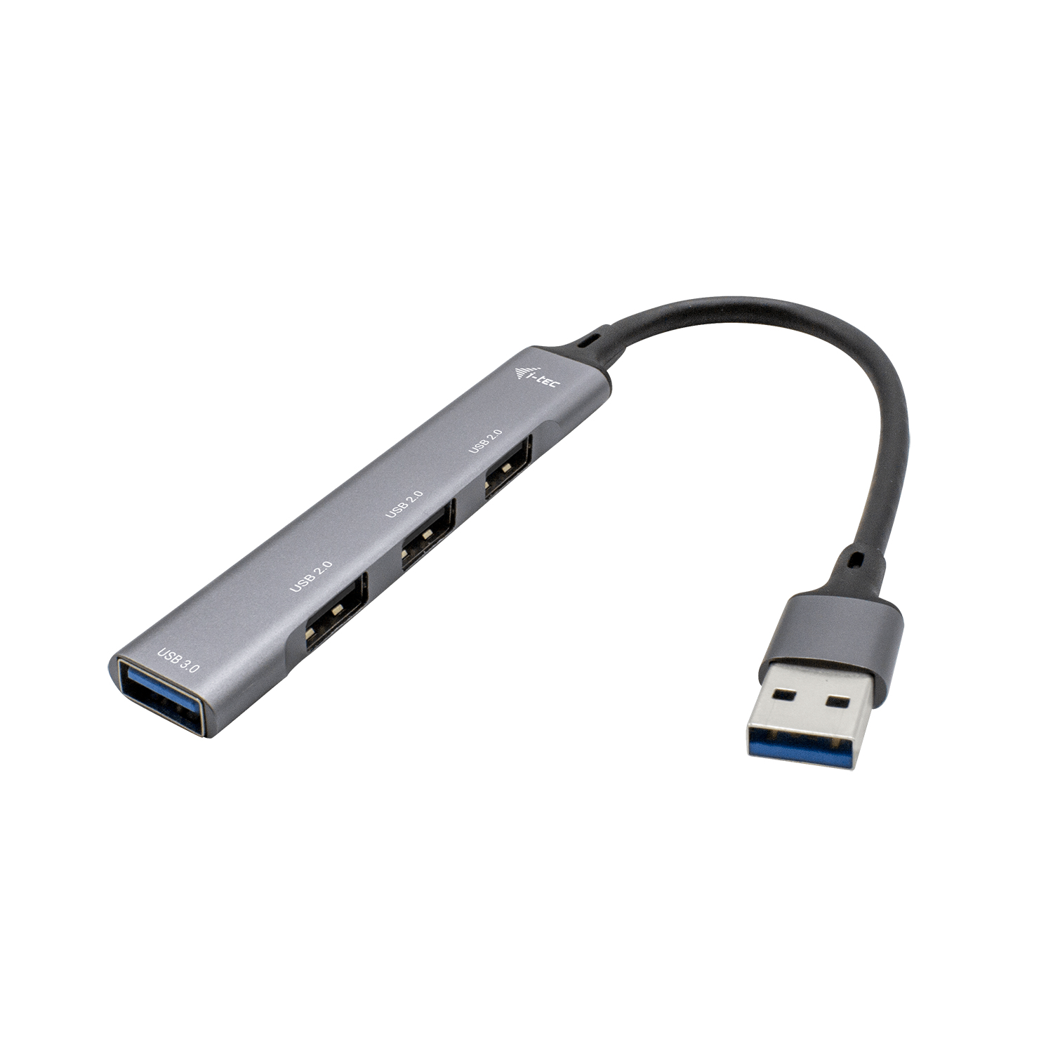 Zilveren USB 3.0 hub met vier USB 2.0 poorten en een aangesloten USB-kabel.