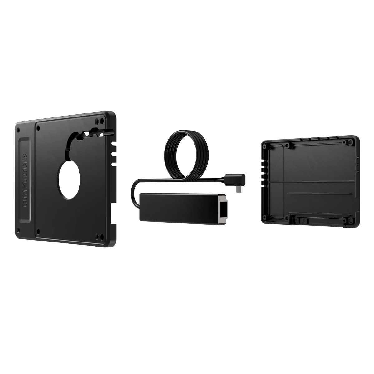 Schwarzes RimBlocks Zubehör. Ein Rahmen, Kabel und Stecker. Weißer Hintergrund.