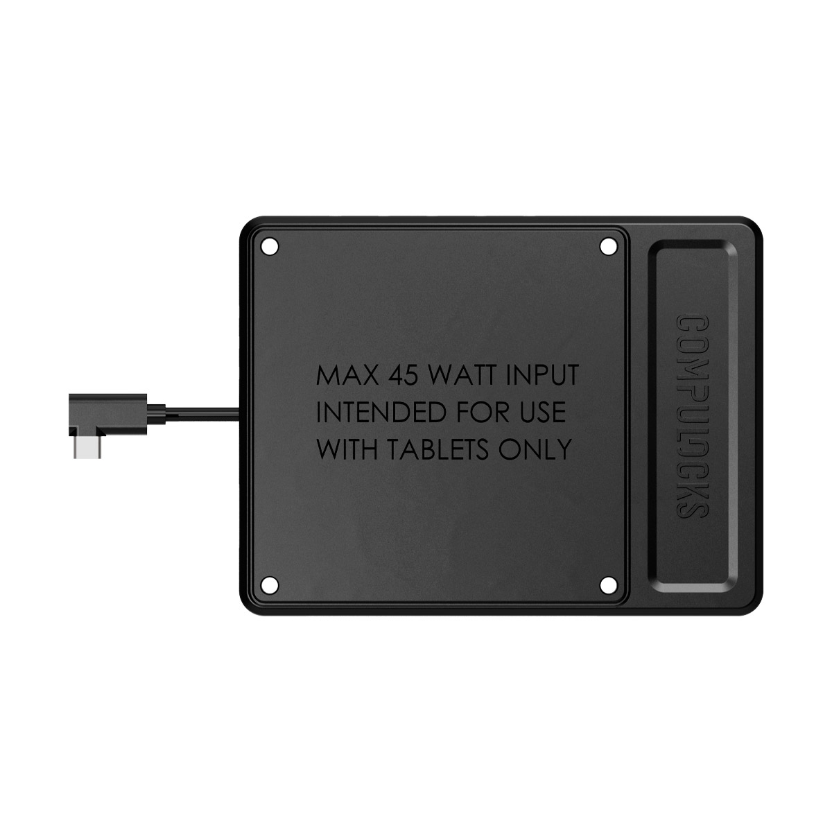 Schwarzes Netzteil mit USB-C-Kabel. Text: 'MAX 45 WATT INPUT...TABLETS ONLY'.