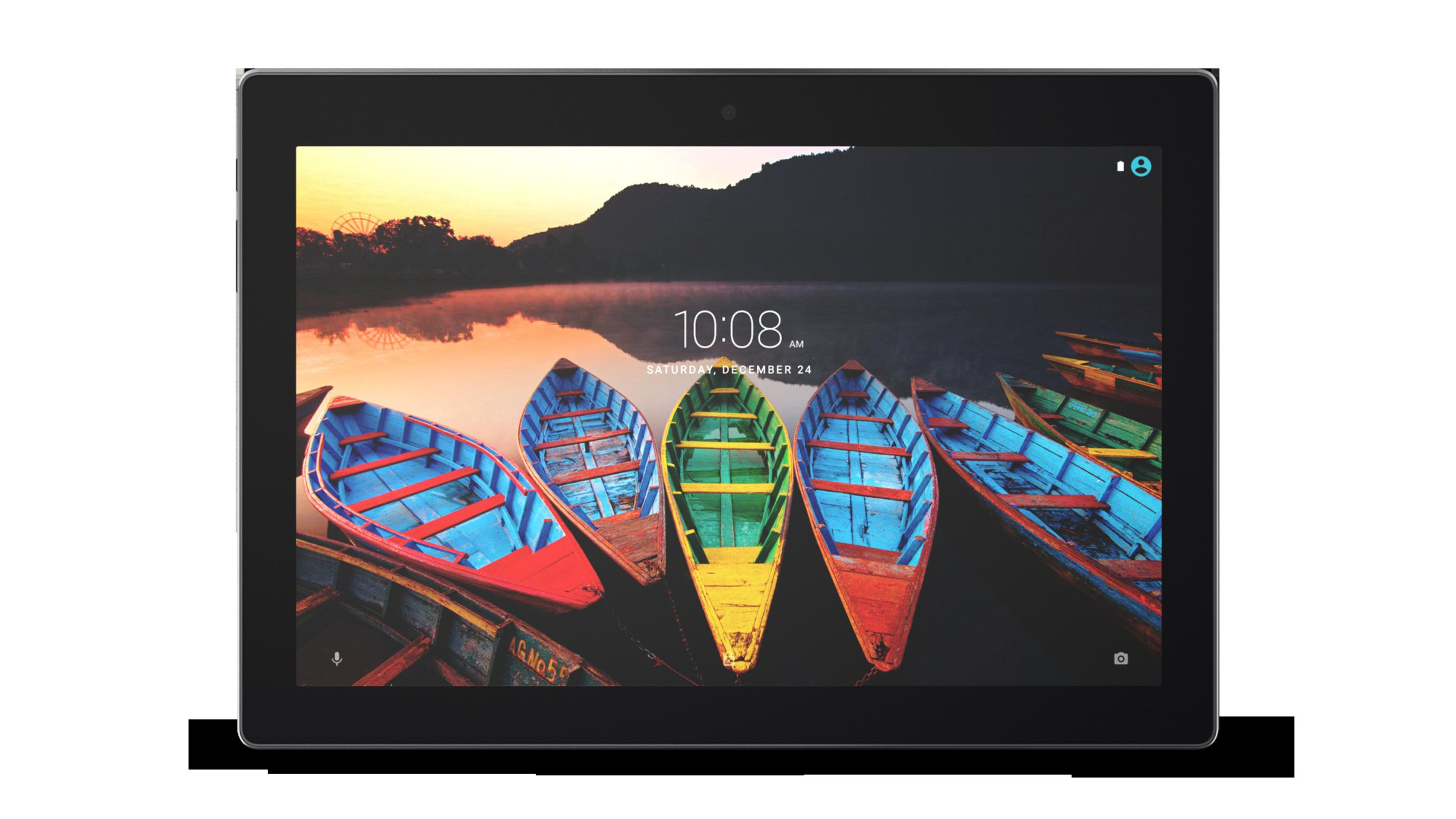 Schwarzes Tablet zeigt eine Seeszene mit Booten, Uhrzeit auf dem Bildschirm.