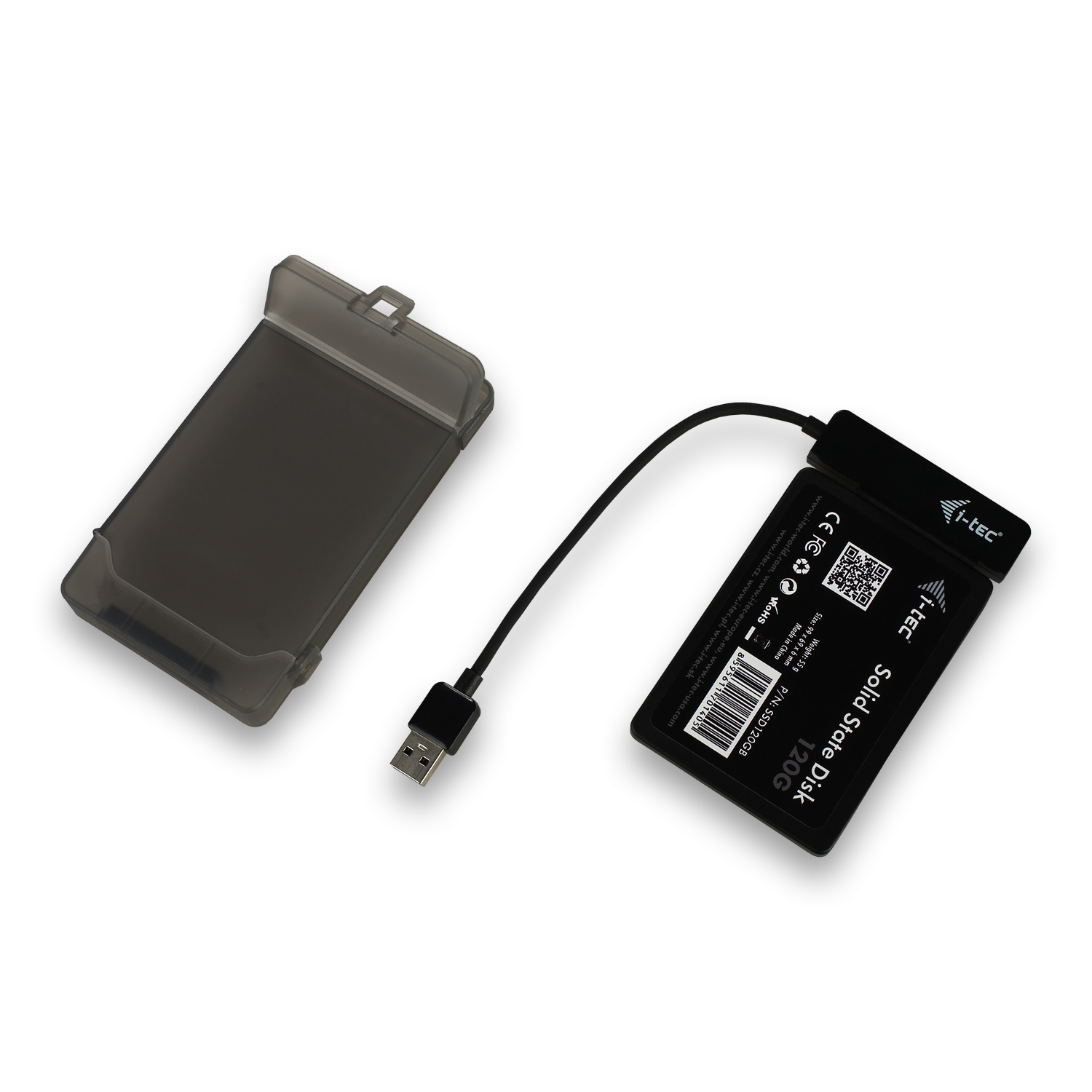 Schwarze externe SSD mit Kabel, Gehäuse und Etikett auf weißem Hintergrund.