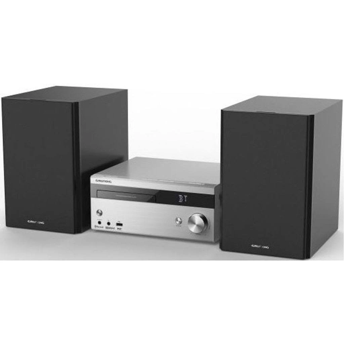 Ein Stereo-System mit zwei schwarzen Lautsprechern und einem silbernen Zentralgerät auf weißer Oberfläche.