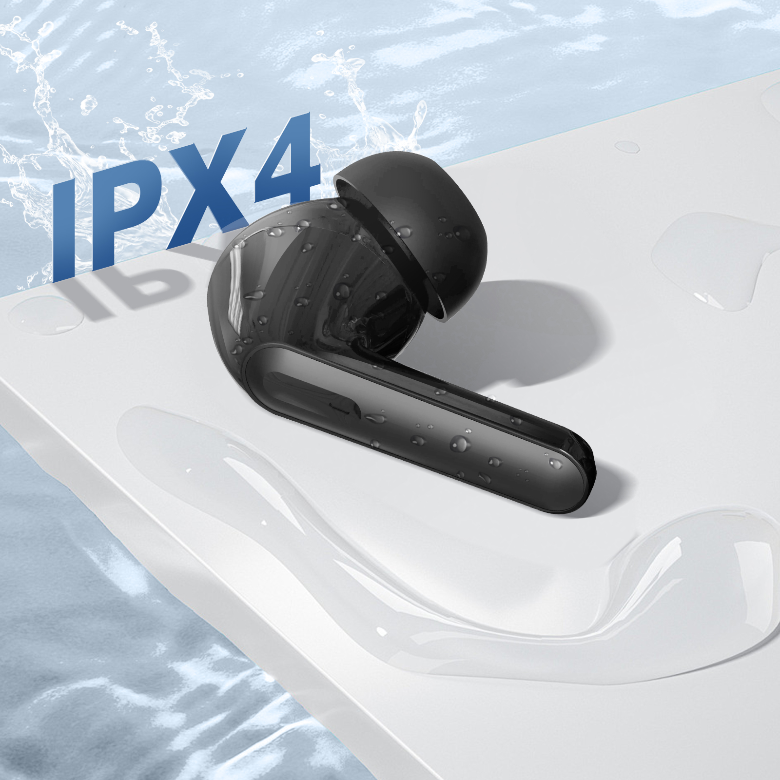 Schwarze kabellose Ohrhörer mit Wassertröpfchen, IPX4-Text.